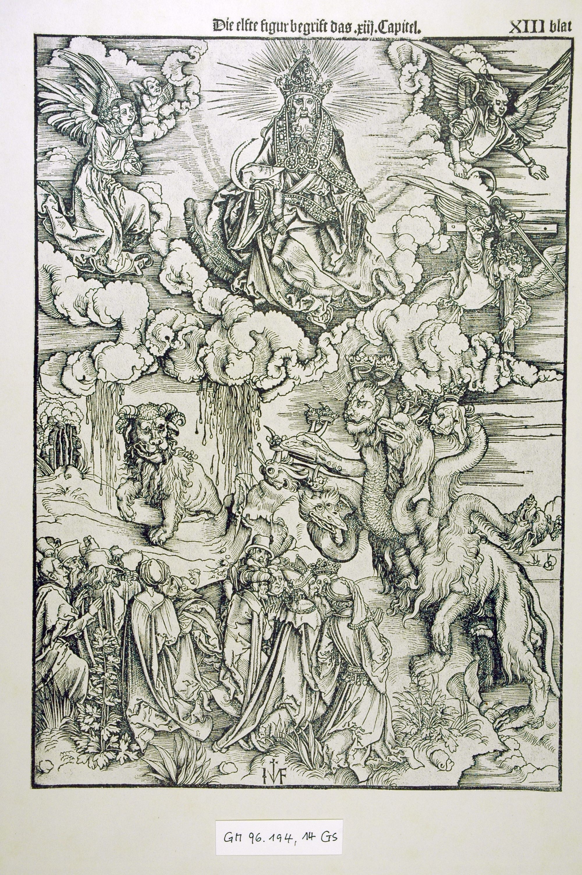 "Die heimliche Offenbarung Johannis", XIII. Blatt: Das Tier aus dem Meer und das Tier aus der Erde (Gutenberg-Museum CC BY-NC-SA)