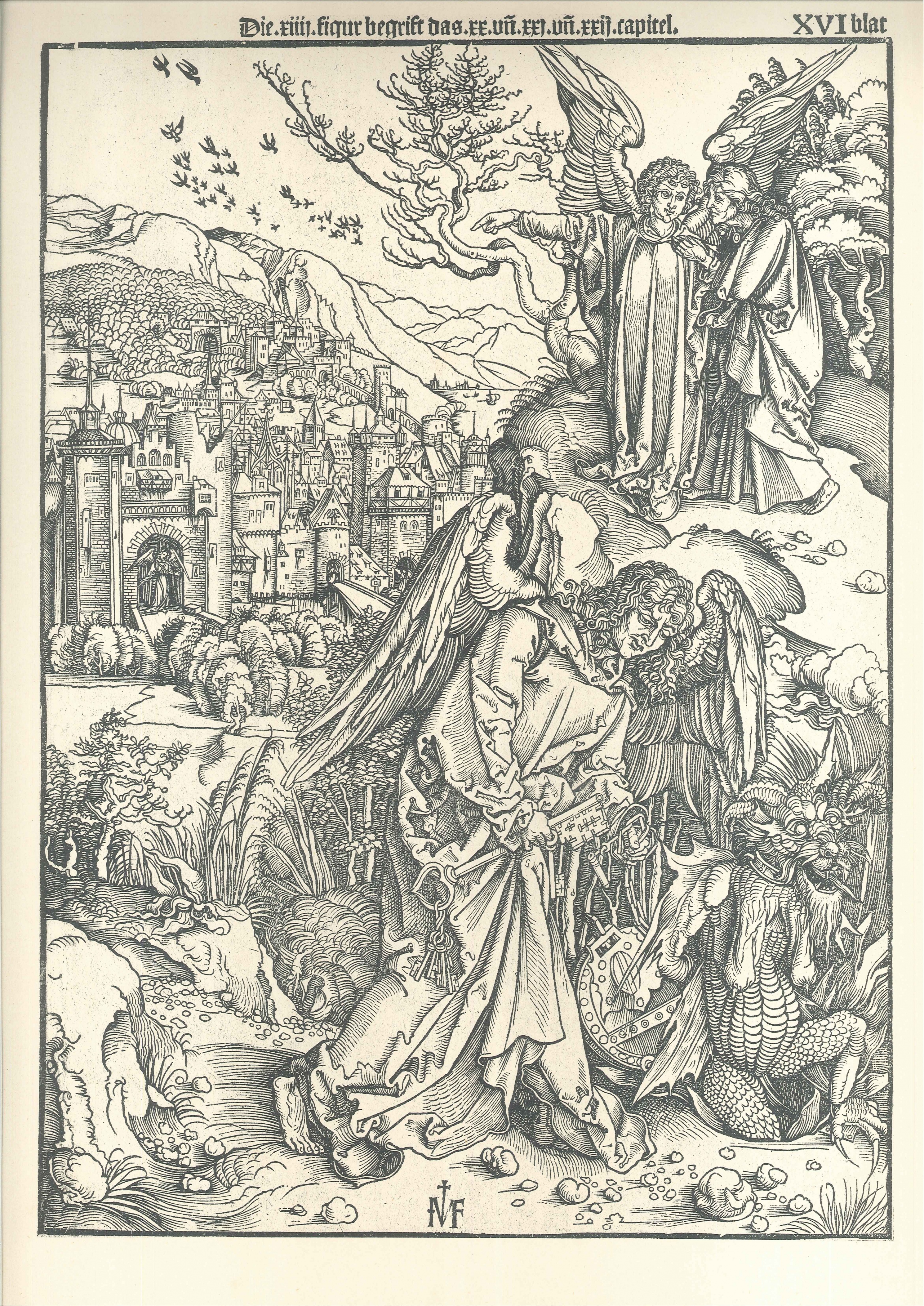 "Die heimliche Offenbarung Johannsi", XVI. Blatt: Die Fesselung des Drachen und das Neue Jerusalem (Gutenberg-Museum CC BY-NC-SA)