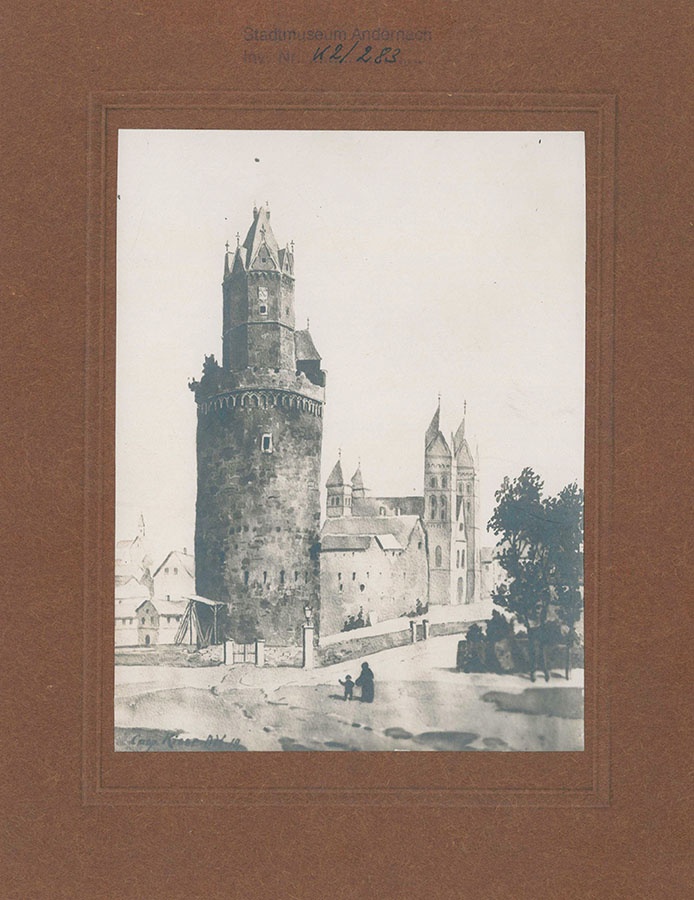 Fotografie von einem Aquarell des Runden Turmes von Caspar Risse von 1912 (Stadtmuseum Andernach CC BY-NC-SA)