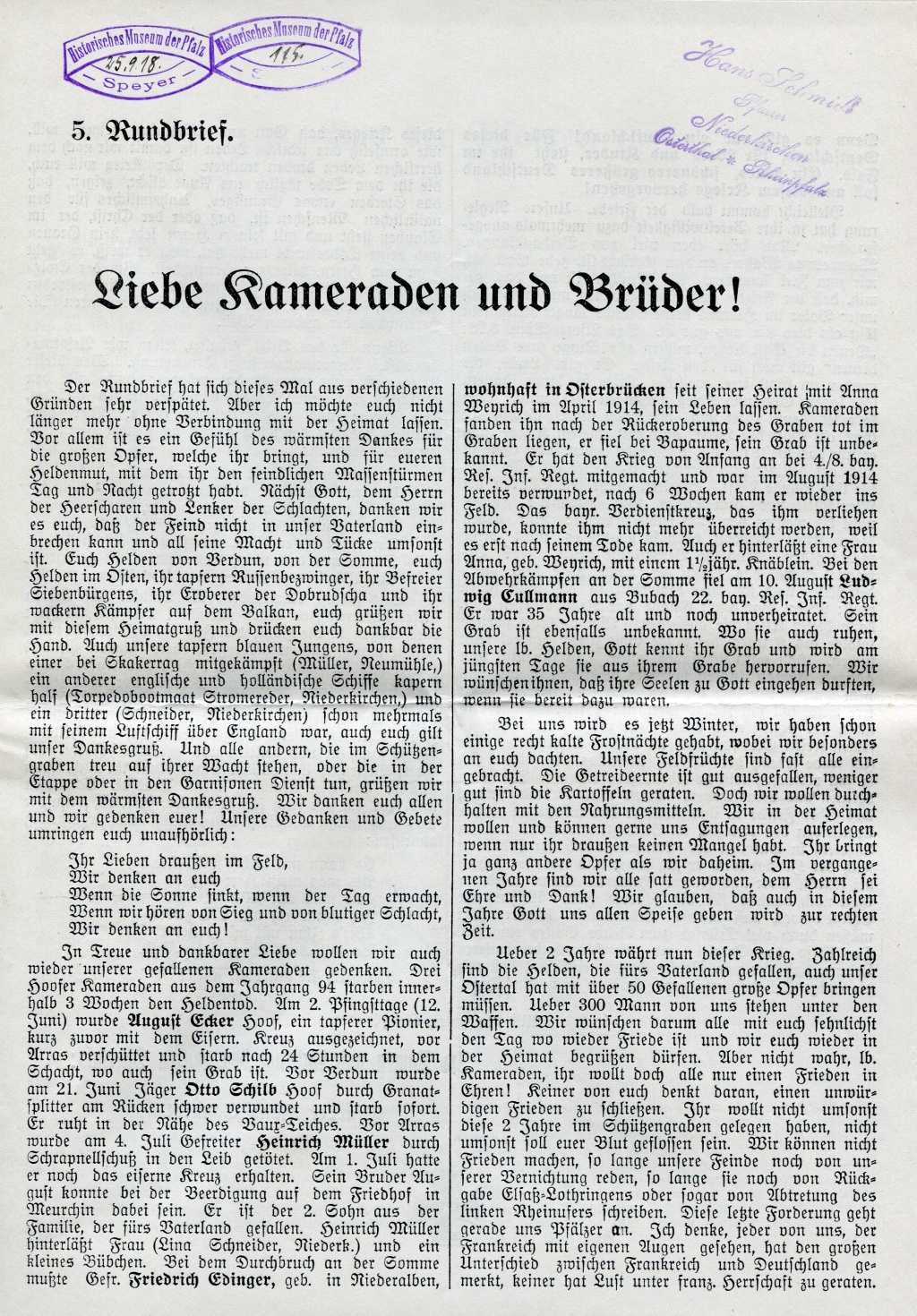 5. Rundbrief "Pfarrer Schmidt" (Historisches Museum der Pfalz, Speyer CC BY-NC-ND)