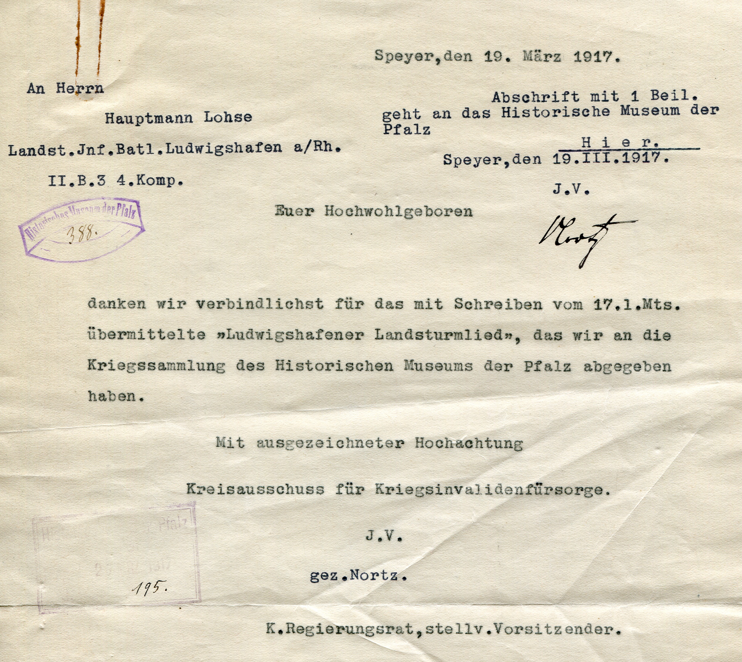 Brief "Ludwigshafener Landsturmlied" (Historisches Museum der Pfalz, Speyer CC BY-NC-ND)