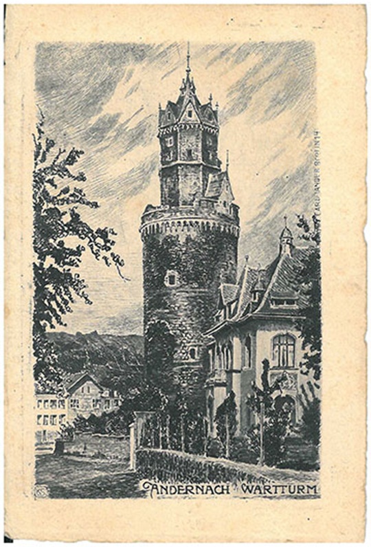 Postkarte mit Radierung vom Runden Turm (Stadtmuseum Andernach CC BY-NC-SA)