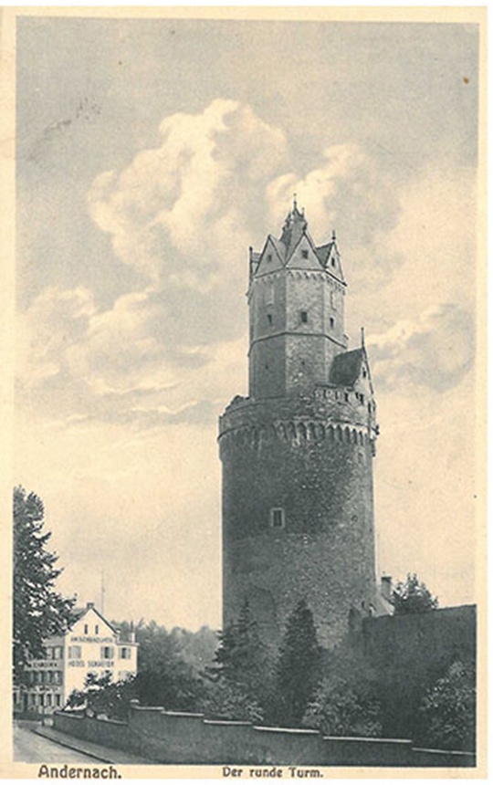 Postkarte mit Abbildung des Runden Turms und Hotel Schäfer (Stadtmuseum Andernach CC BY-NC-SA)