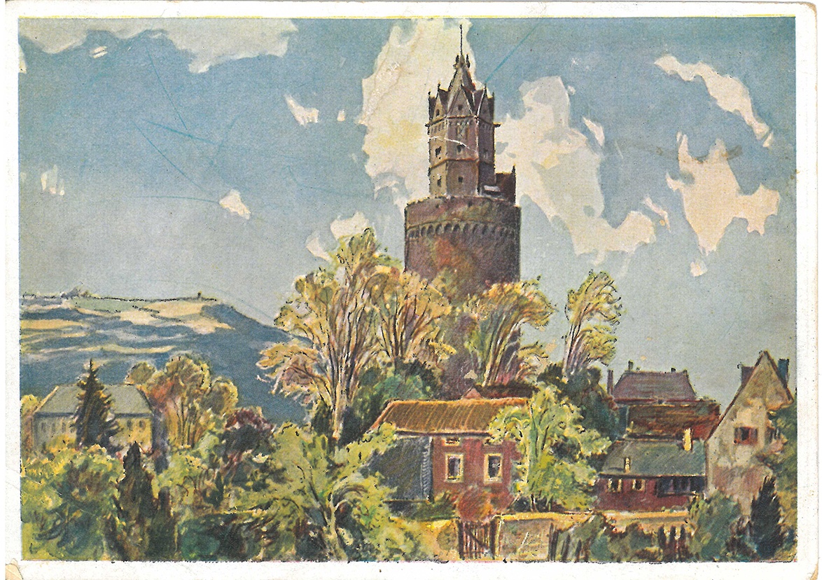 Postkarte mit Aquarell des Runden Turms (Stadtmuseum Andernach CC BY-NC-SA)