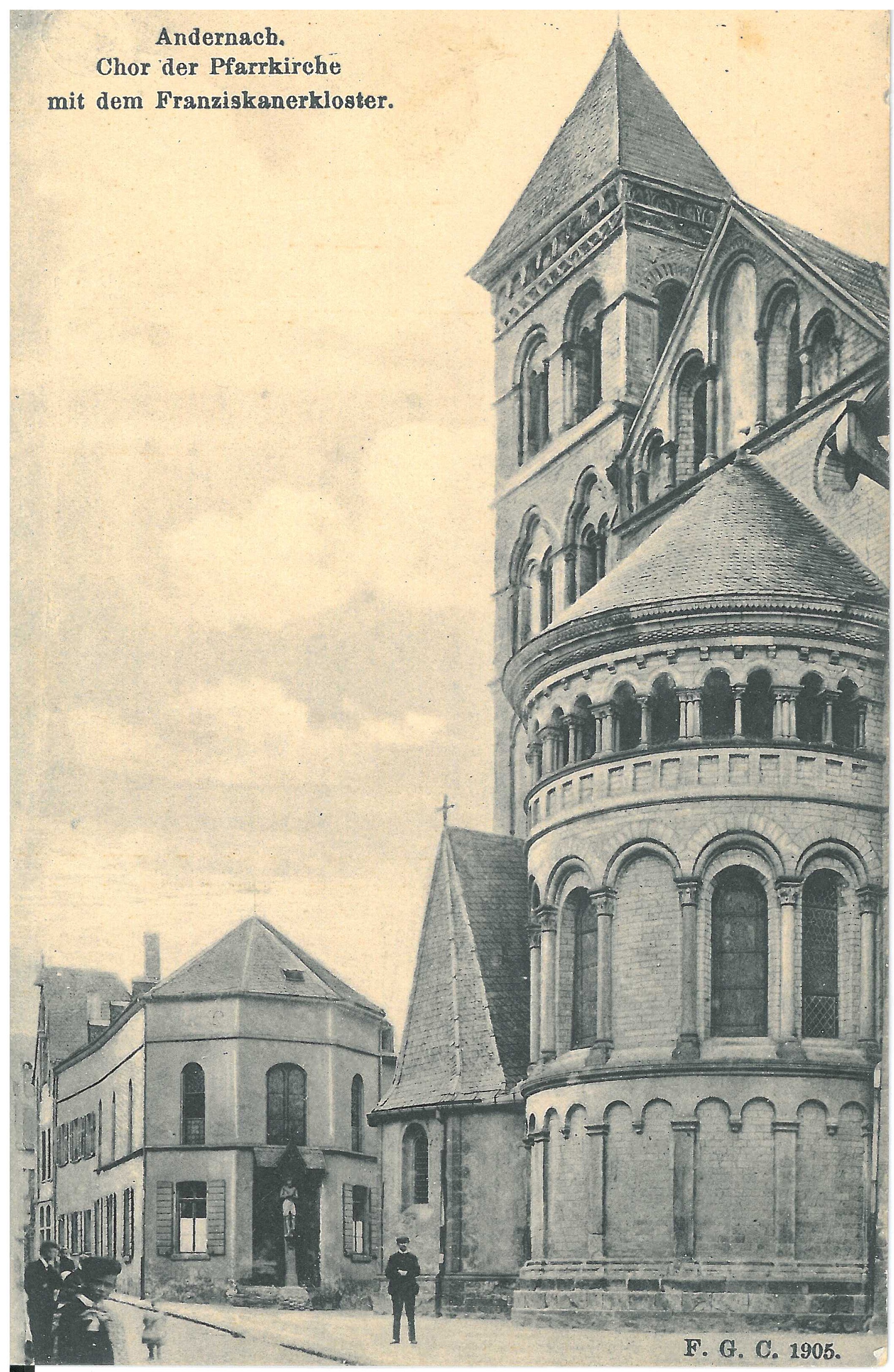 Postkarte mit Abbildung des Mariendoms mit Franziskanerkloster (Stadtmuseum Andernach CC BY-NC-SA)
