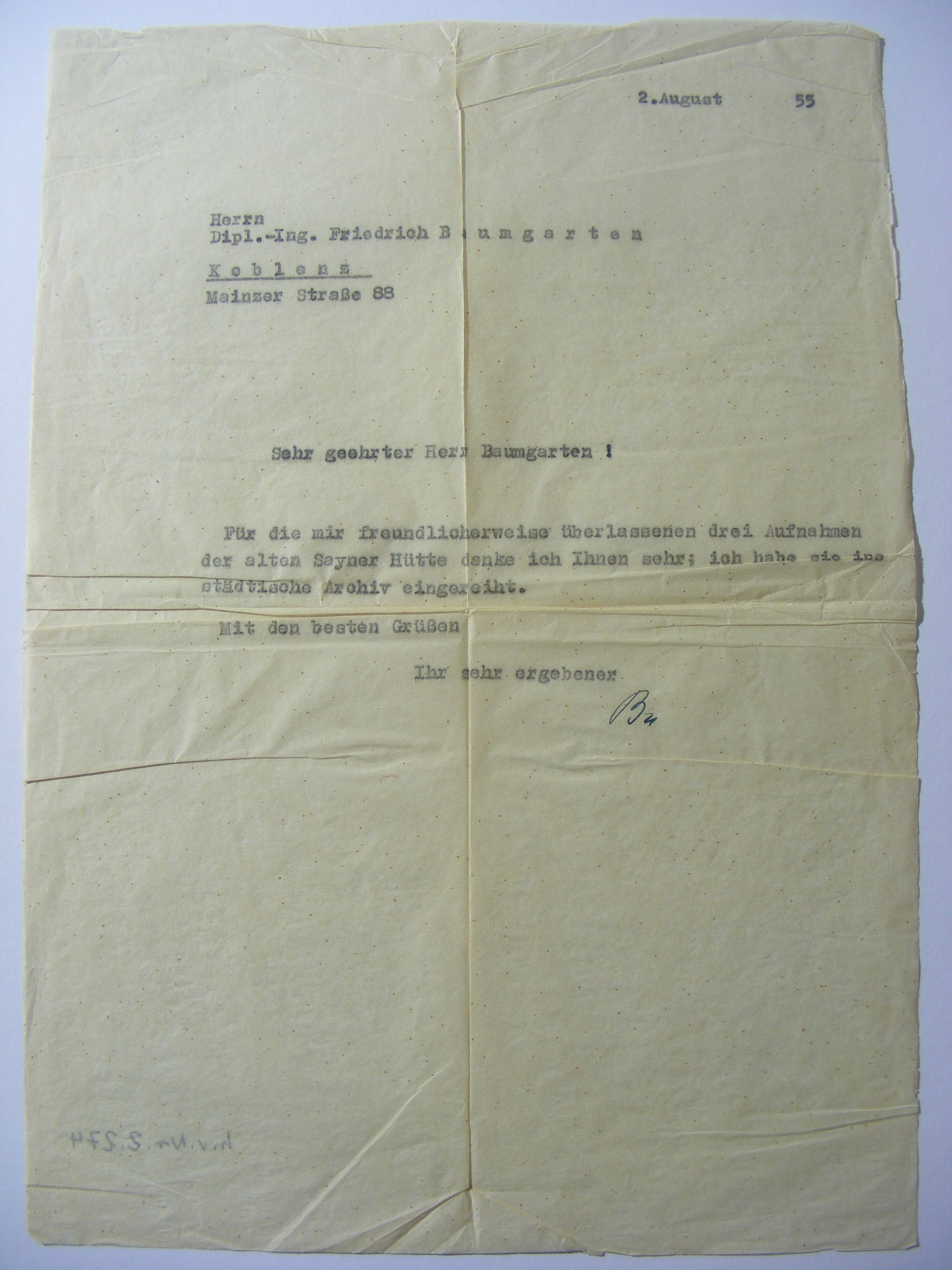 Brief Friedrich Baumgarten 1955 betreffend Sayner Hütte (Rheinisches Eisenkunstguss-Museum CC BY-NC-SA)
