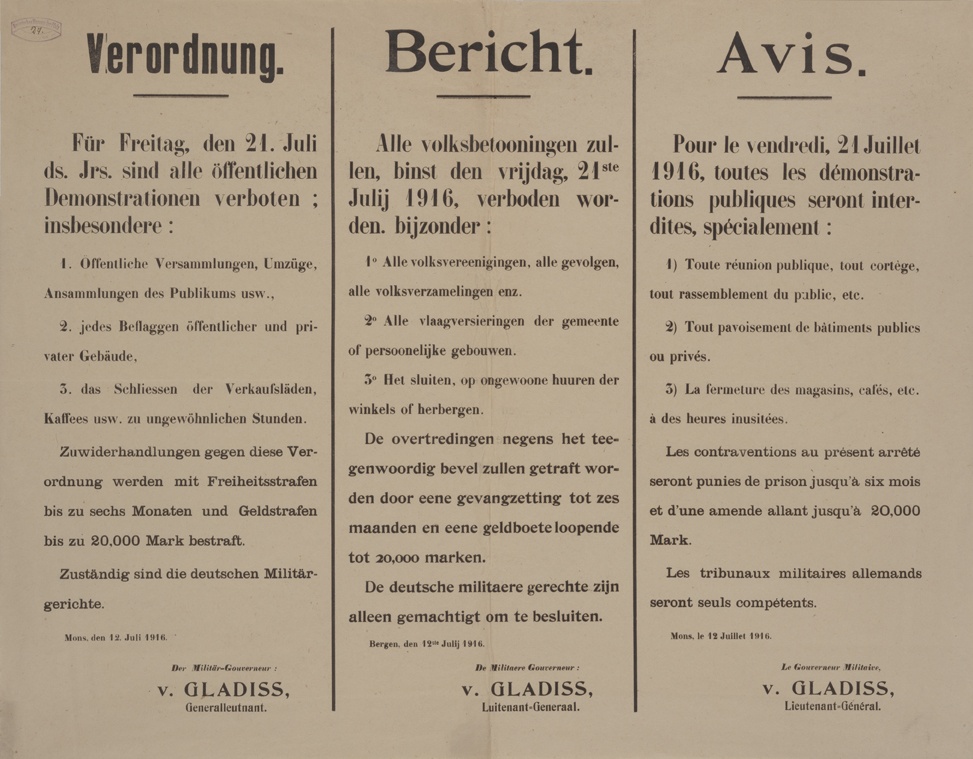 Plakat in Mons, Belgien, 1916 (Historisches Museum der Pfalz, Speyer CC BY)