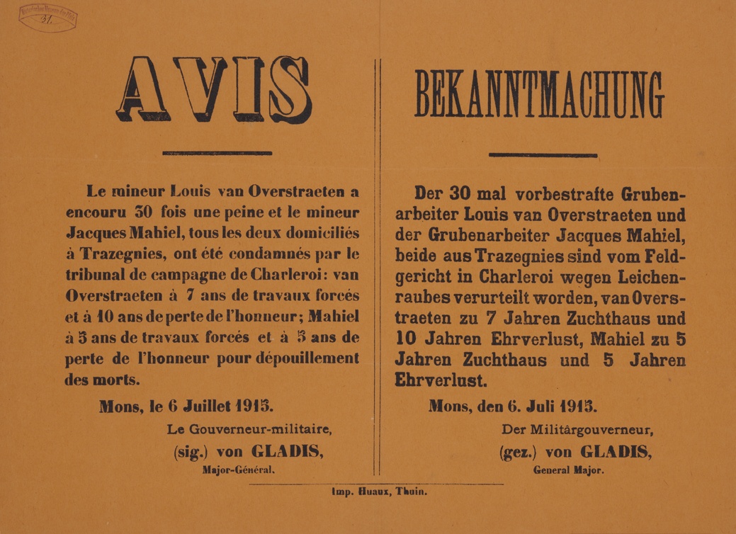Plakat in Mons, Belgien, 1915 (Historisches Museum der Pfalz, Speyer CC BY)