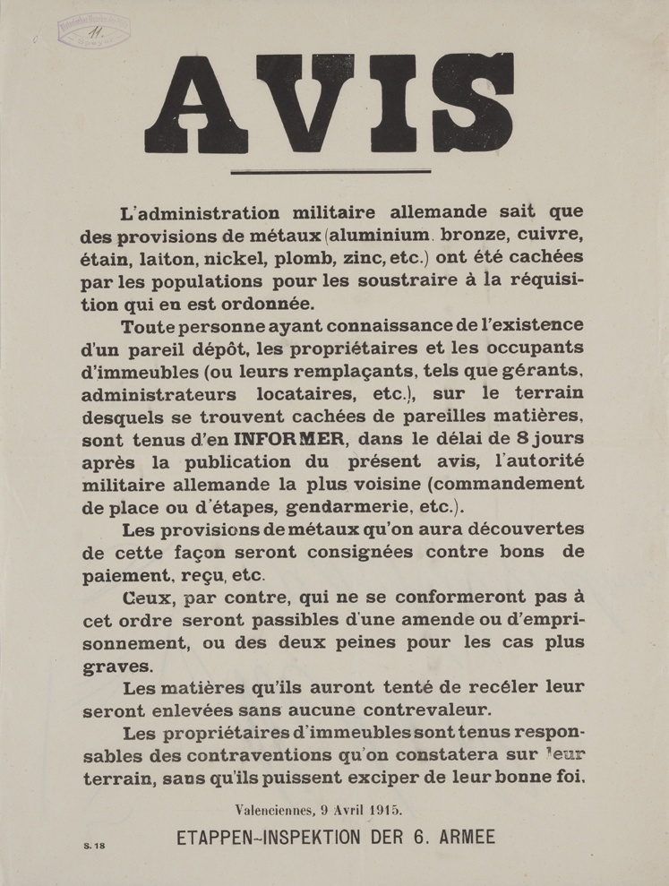 Plakat in Valenciennes, Frankreich, 1915 (Historisches Museum der Pfalz, Speyer CC BY)