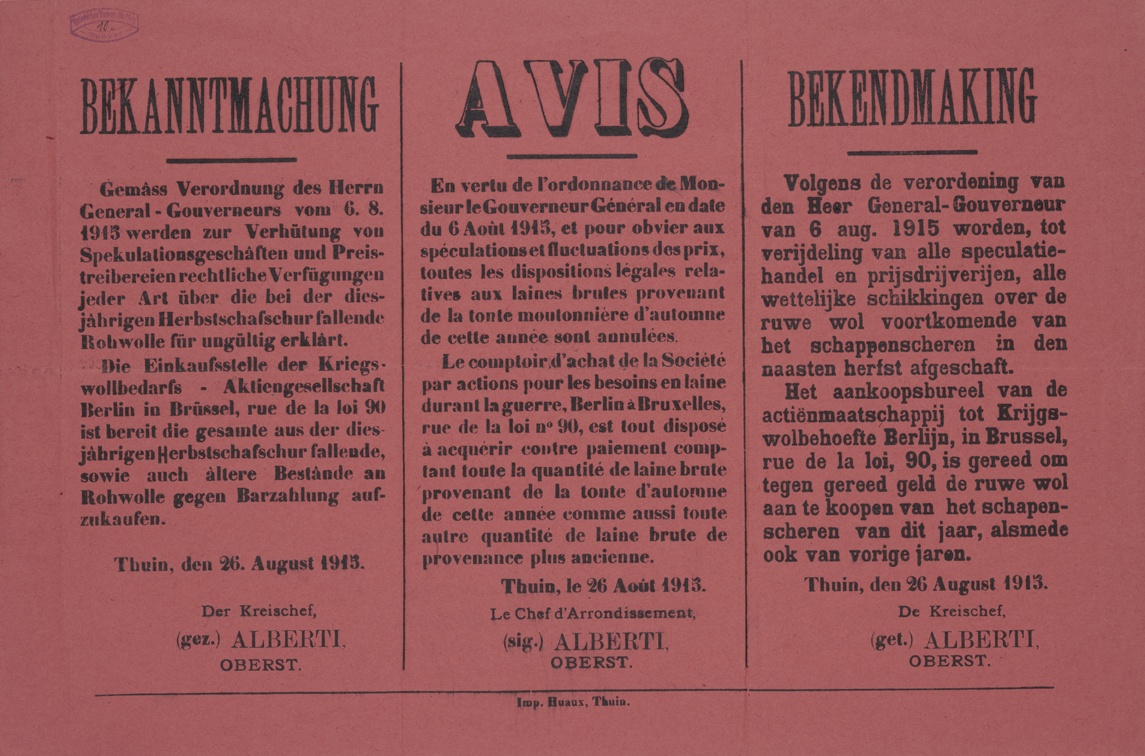 Plakat in Thuin, Belgien, 1915 (Historisches Museum der Pfalz, Speyer CC BY)