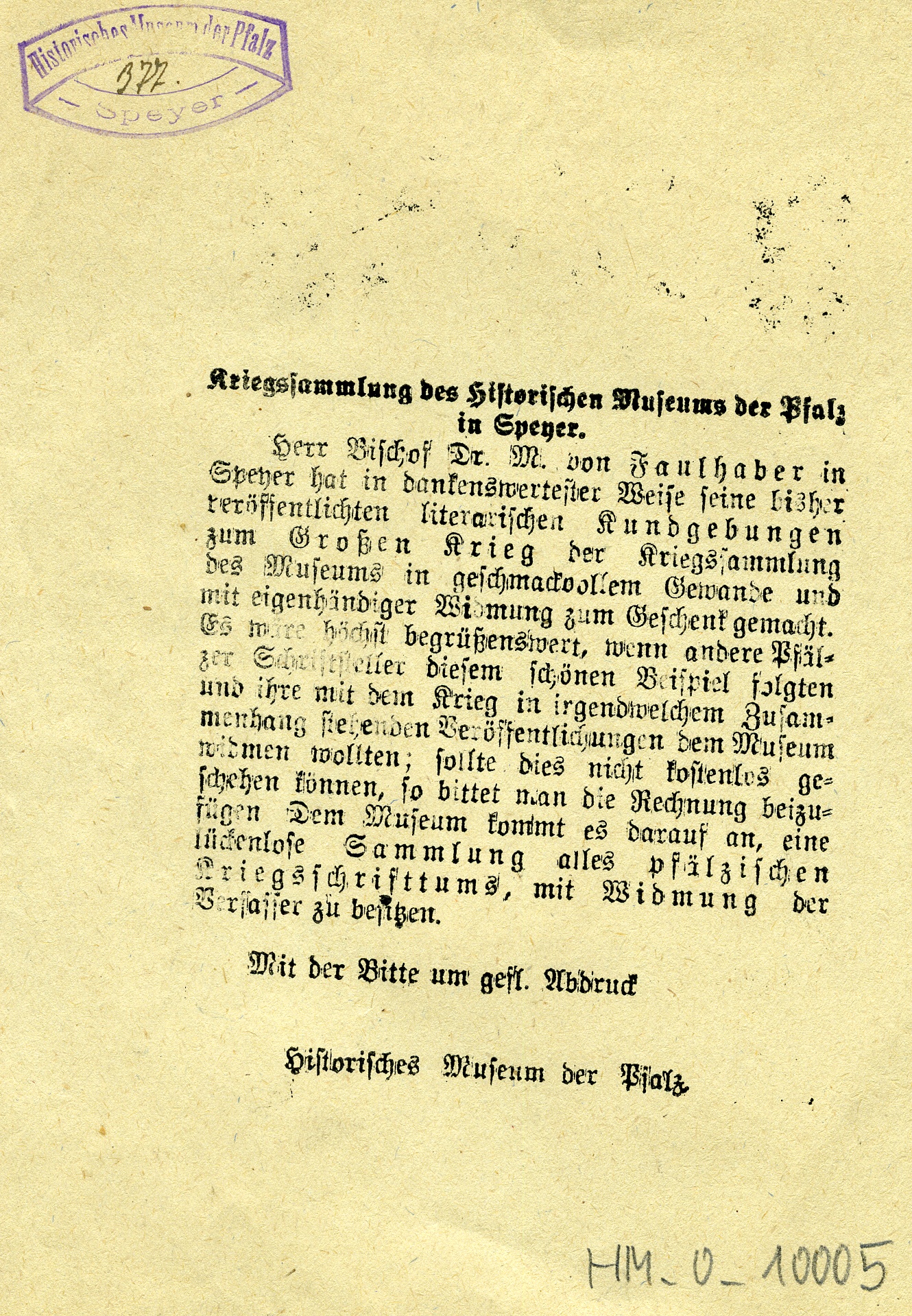 Anzeige "Schenkung Bischof Faulhaber" an das Historische Museum Speyer (Historisches Museum der Pfalz, Speyer CC BY)