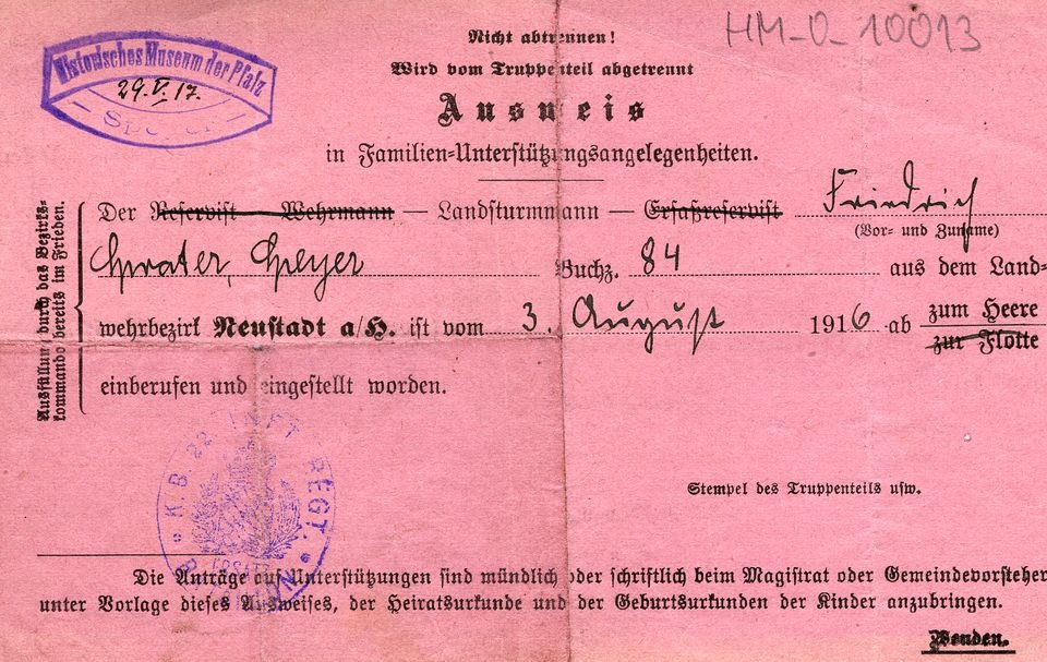 Ausweis in Familienunterstützungsangelegenheiten (Historisches Museum der Pfalz, Speyer CC BY)