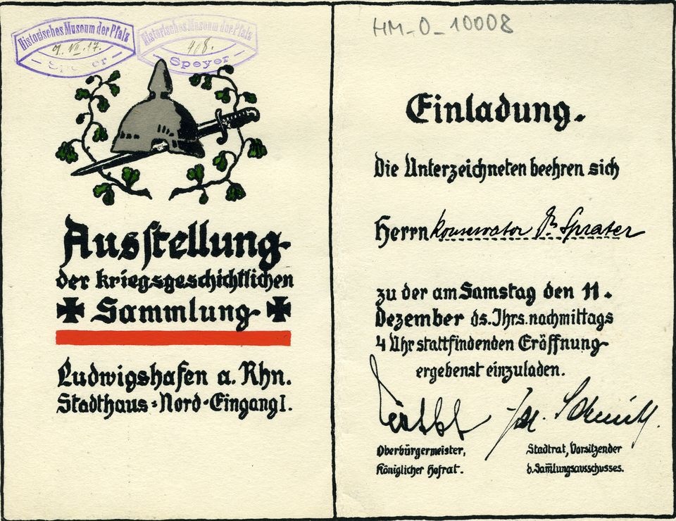 Einladung "Ausstellung der kriegsgeschichtlichen Sammlung, Ludwigshafen a. Rhn." (Historisches Museum der Pfalz, Speyer CC BY)