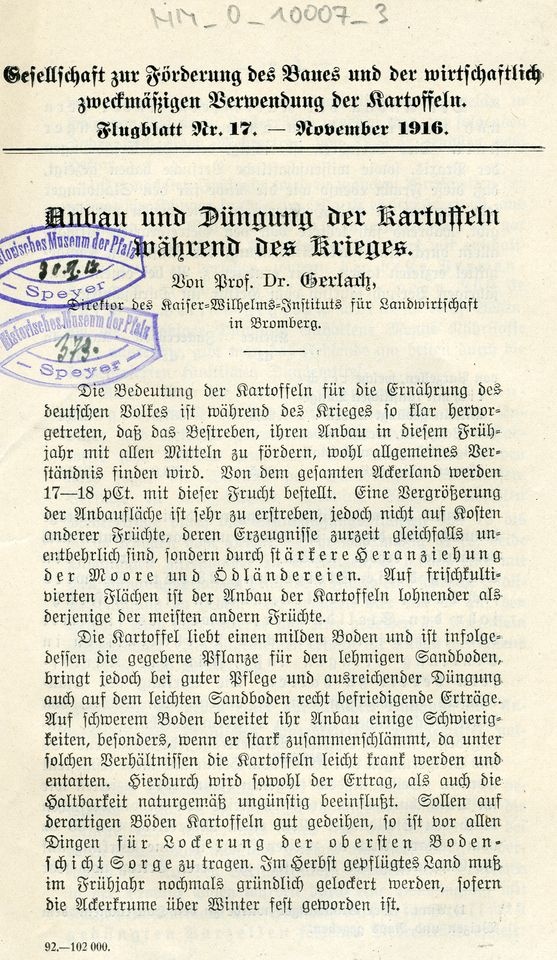 Flugblatt "Anbau und Düngung der Kartoffeln während des Krieges." (Historisches Museum der Pfalz, Speyer CC BY)