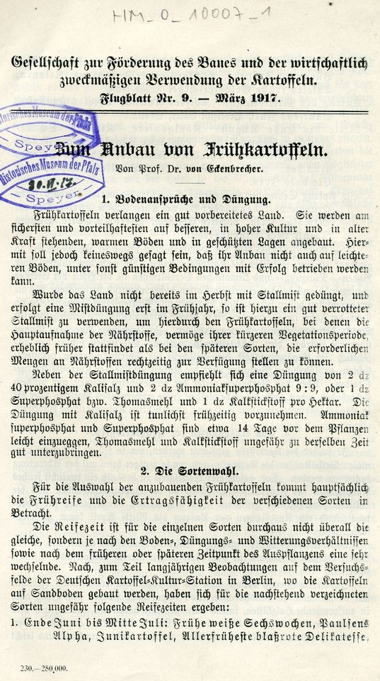 Flugblatt "Zum Anbau von Frühkartoffeln" (Historisches Museum der Pfalz, Speyer CC BY)
