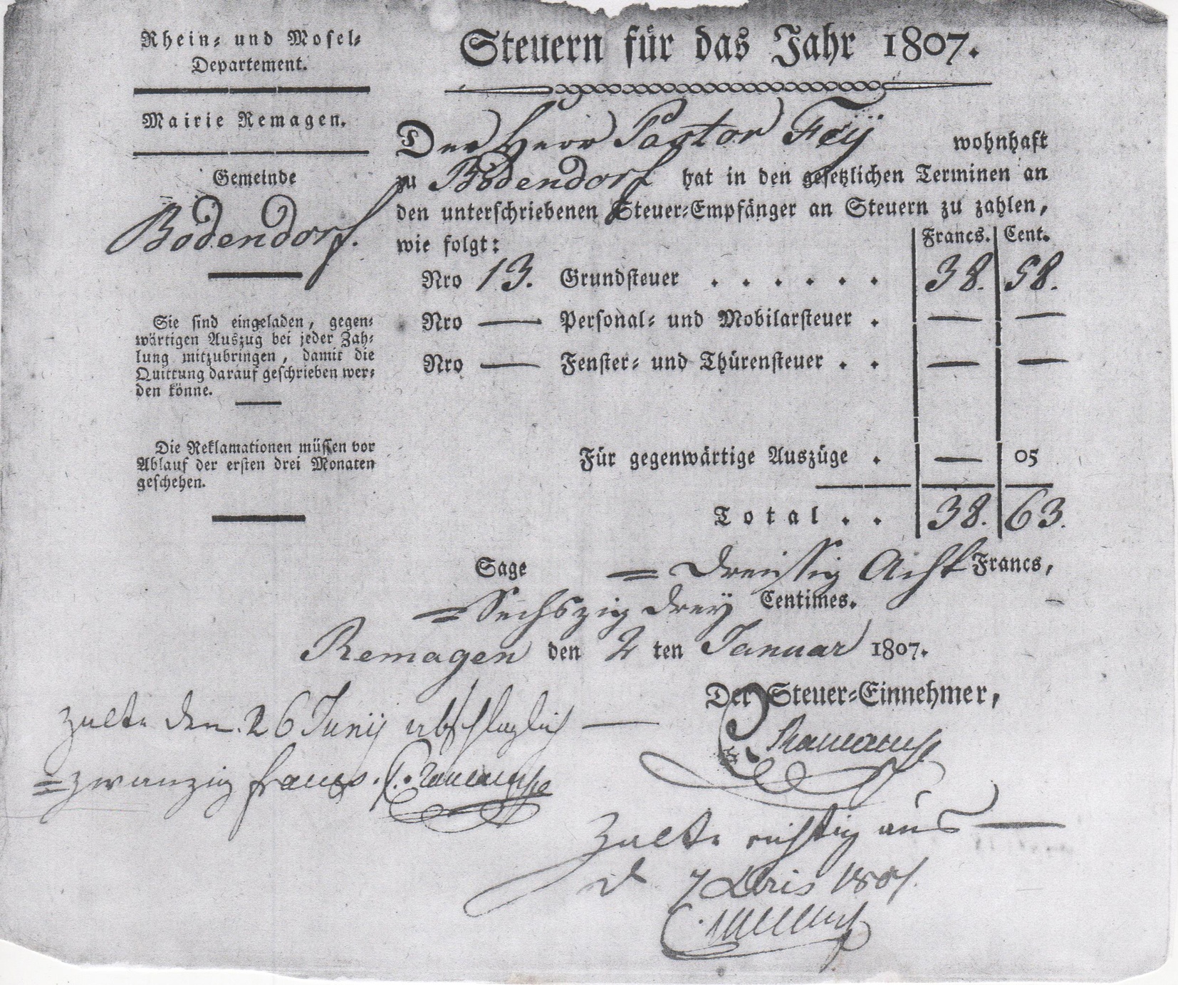 Steuerbescheid für das Jahr 1807 von Mairie Remagen an Pastor Fey (Heimatmuseum und -Archiv Bad Bodendorf CC BY-NC-SA)