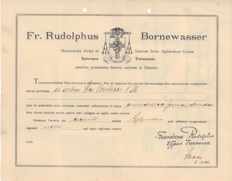 Urkunde von Bischof Bornewasser an Schwester Barbara (Heimatmuseum und -Archiv Bad Bodendorf CC BY-NC-SA)