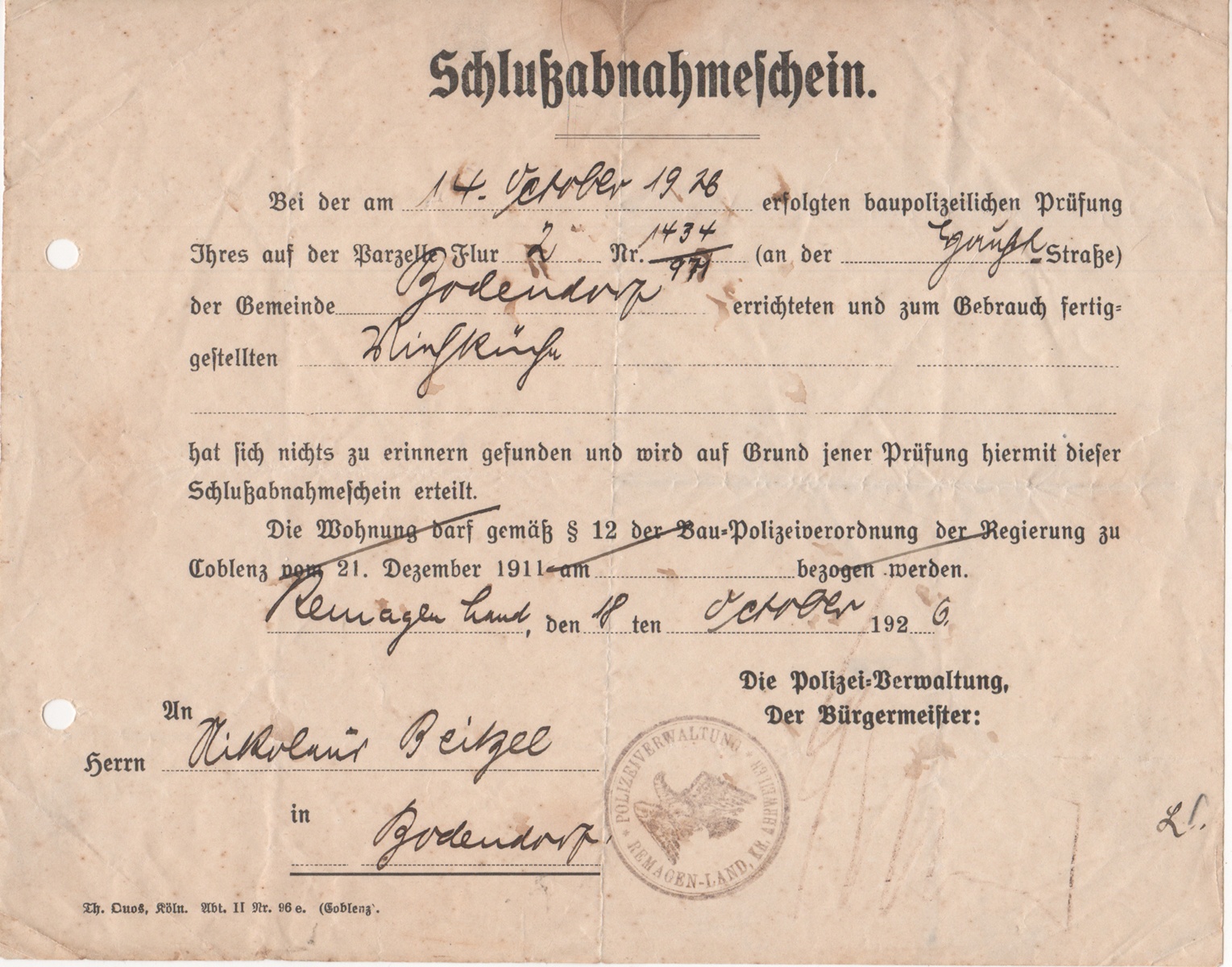 Schlußabnahmeschein einer Baumaßnahme (Heimatmuseum und -Archiv Bad Bodendorf CC BY-NC-SA)