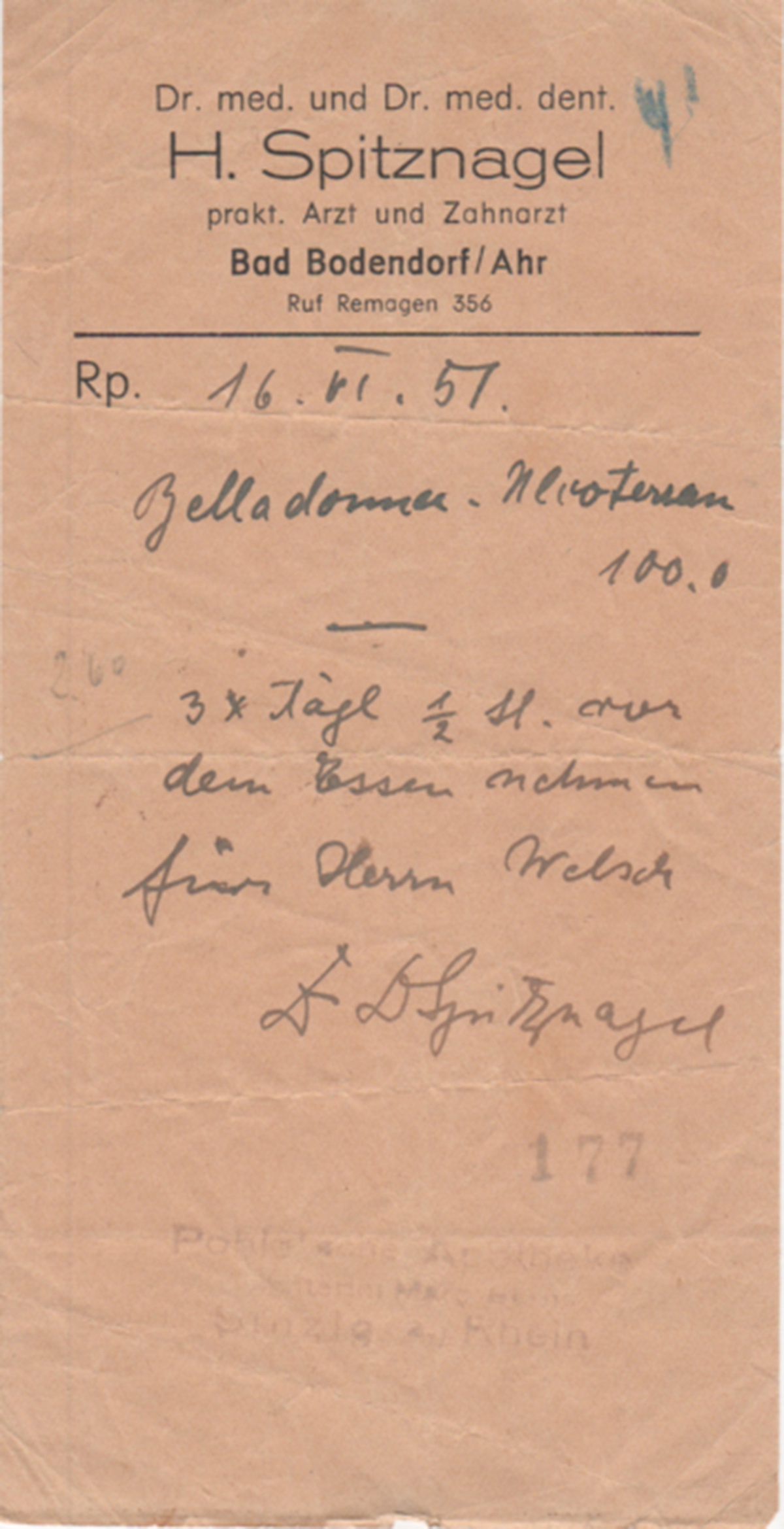 Rezept Dr. Heinrich Spitznagel (Heimatmuseum und -Archiv Bad Bodendorf CC BY-NC-SA)