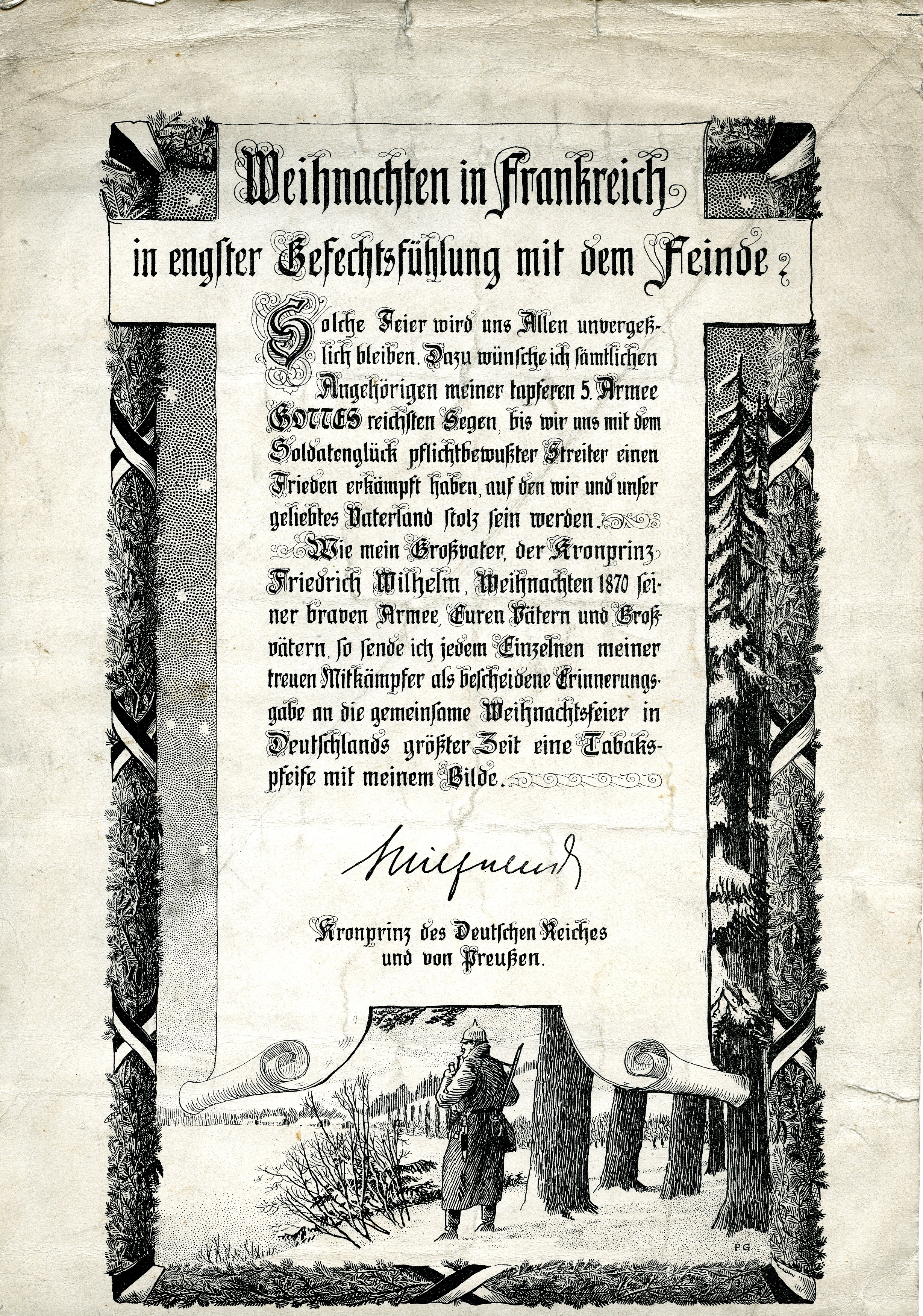 Erinnerungsblatt "Weihnachten in Frankreich" in Verbindung mit einer Reservistenpfeife (Historisches Museum der Pfalz, Speyer CC BY)