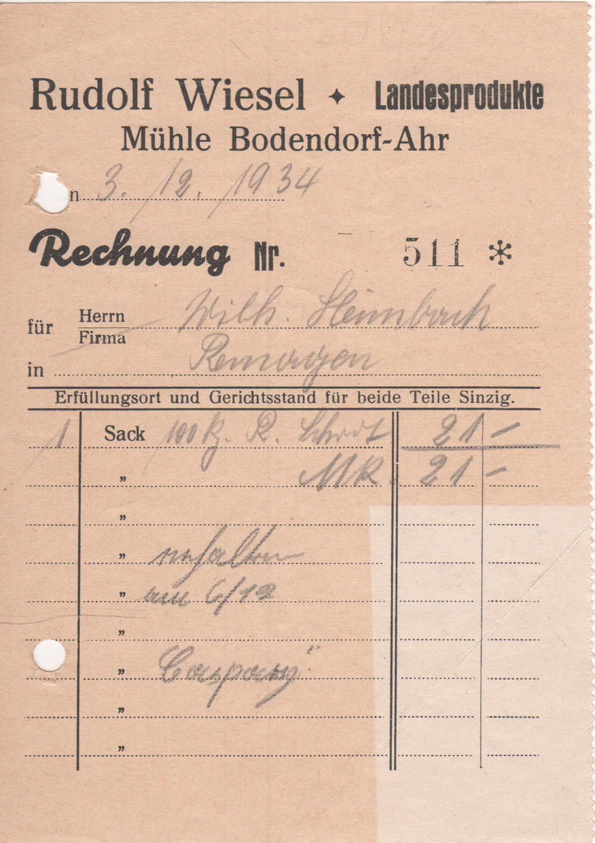 Rechnung Mühle Bodendorf-Ahr von Rudolf Wiesel (Heimatmuseum und -Archiv Bad Bodendorf CC BY-NC-SA)