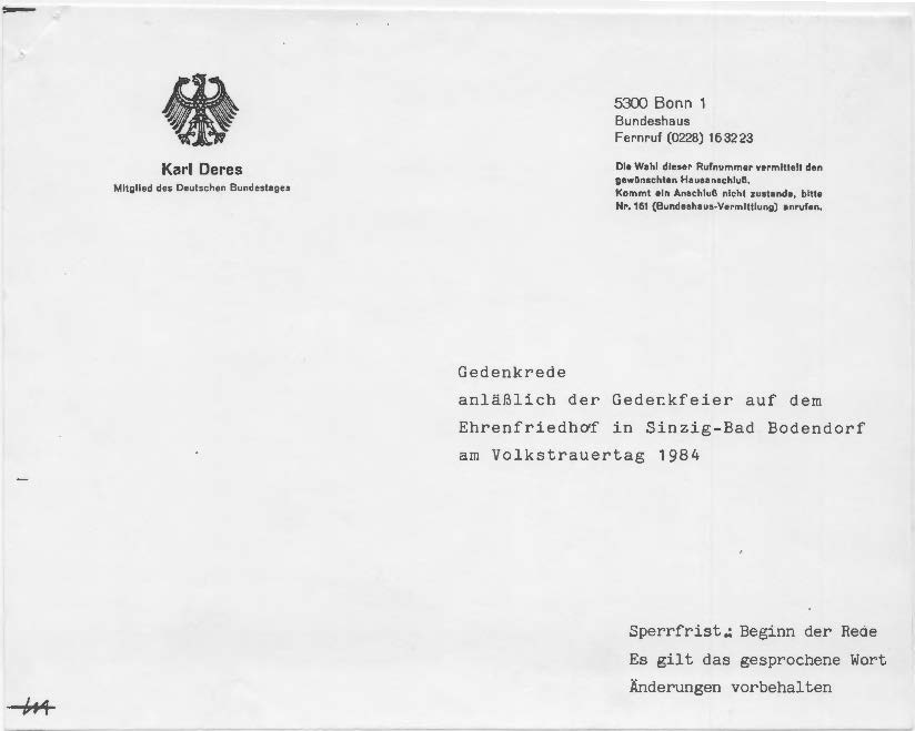 Redemanuskript anläßlich der Gedenkfeier am Volkstrauertag 1984 (Heimatmuseum und -Archiv Bad Bodendorf CC BY-NC-SA)