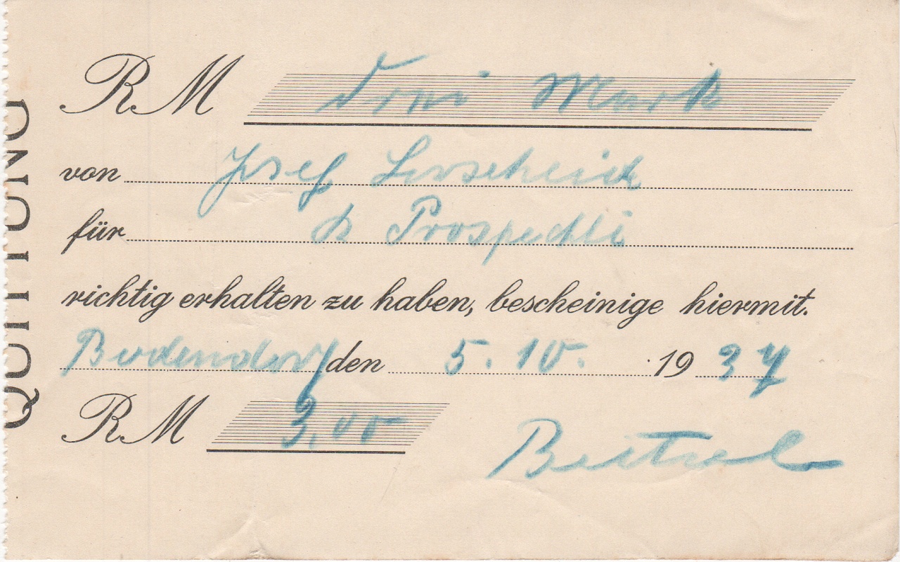 Quittung über den Ankauf von Prospekten über 3 Mark (Heimatmuseum und -Archiv Bad Bodendorf CC BY-NC-SA)