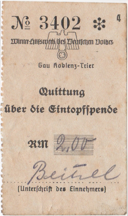 Quittung über die Eintopfspende 1933 (Heimatmuseum und -Archiv Bad Bodendorf CC BY-NC-SA)