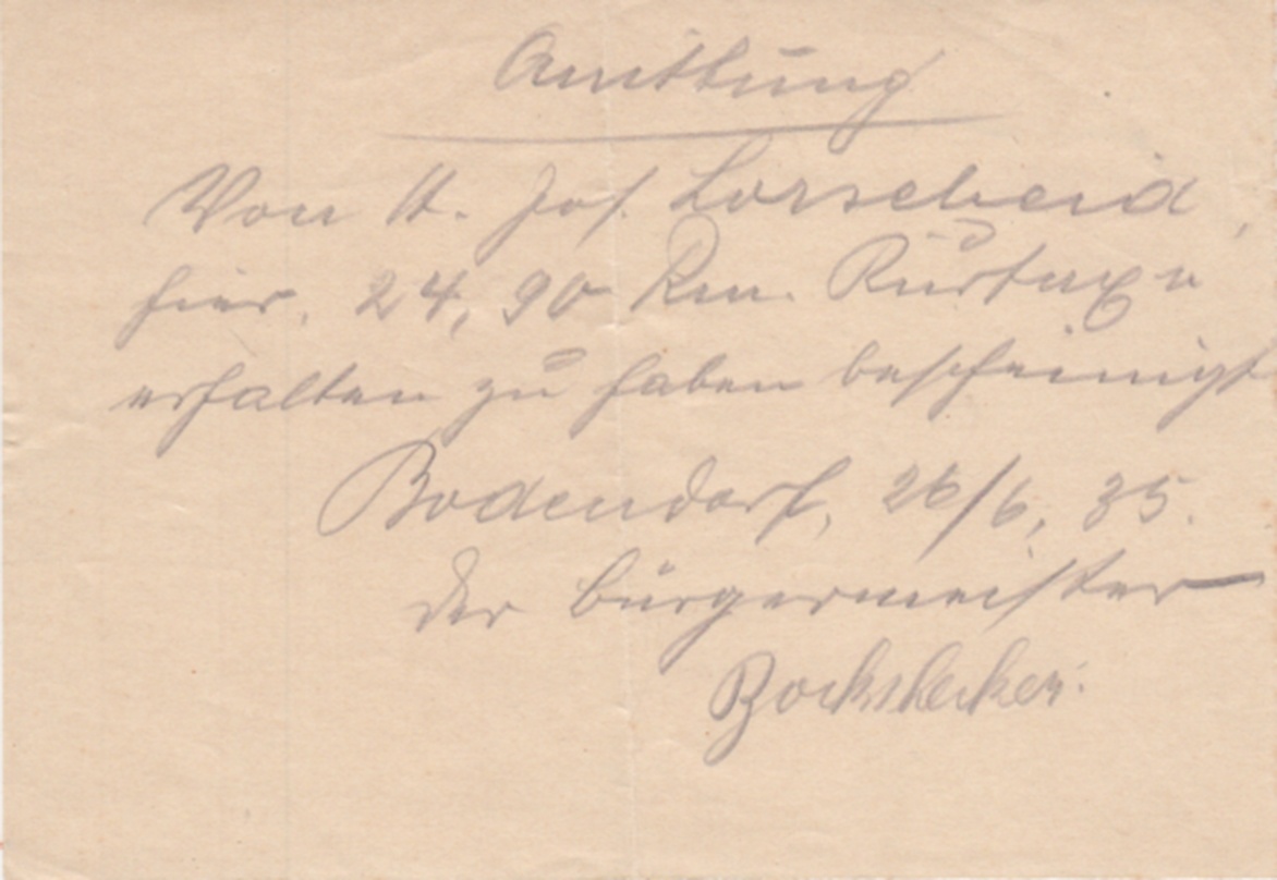 Quittung über die Einzahlung der Kurtaxen an die Gemeinde Juni 1935 (Heimatmuseum und -Archiv Bad Bodendorf CC BY-NC-SA)