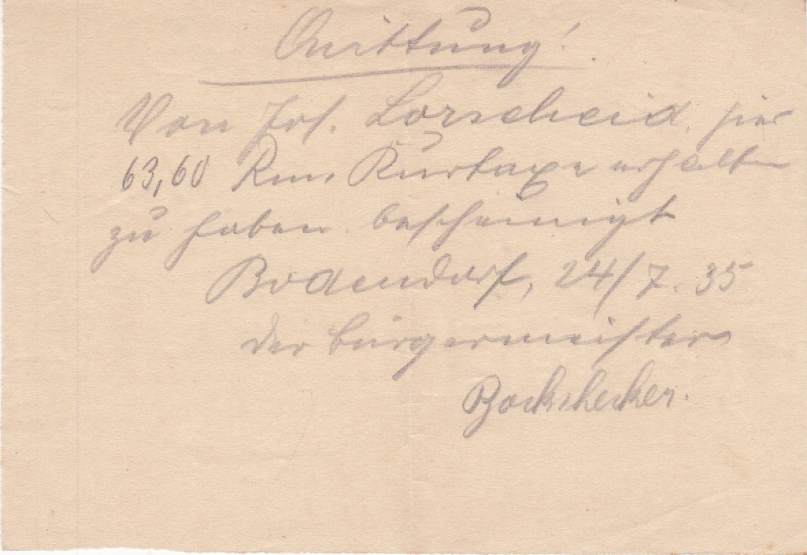 Quittung über die Einzahlung der Kurtaxen an die Gemeinde Juli 1935 (Heimatmuseum und -Archiv Bad Bodendorf CC BY-NC-SA)