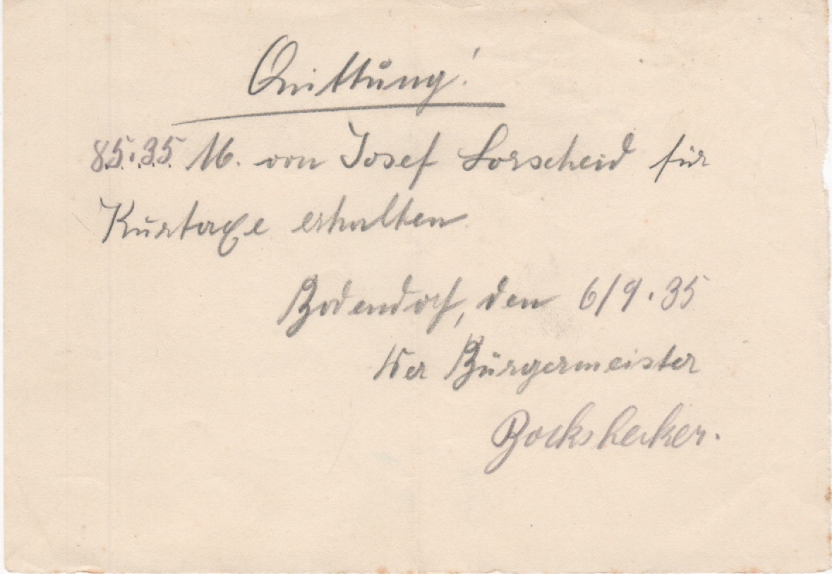 Quittung über die Einzahlung der Kurtaxen an die Gemeinde September 1935 (Heimatmuseum und -Archiv Bad Bodendorf CC BY-NC-SA)