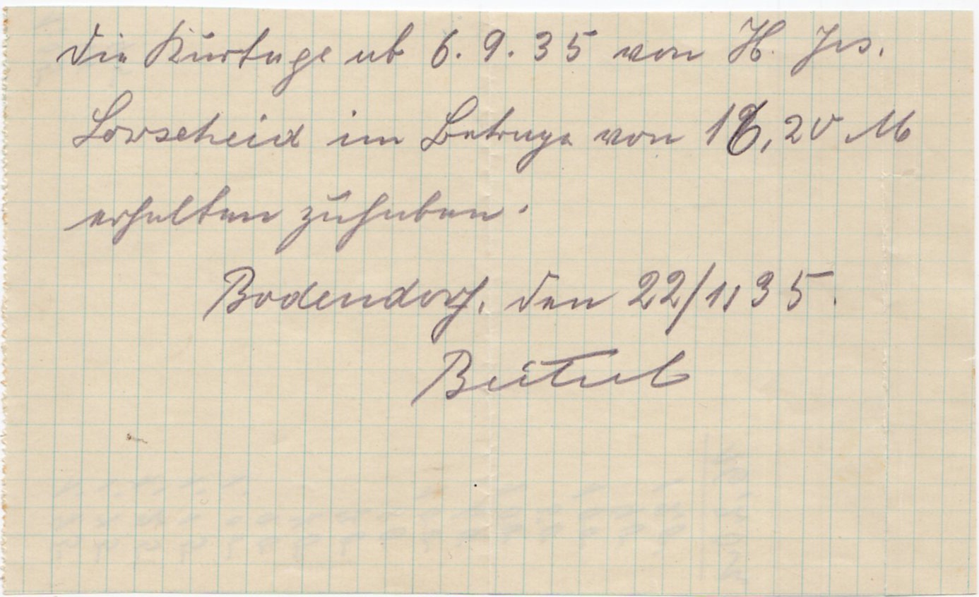 Quittung über die Einzahlung der Kurtaxen an die Gemeinde September 1935 - Nachforderung (Heimatmuseum und -Archiv Bad Bodendorf CC BY-NC-SA)