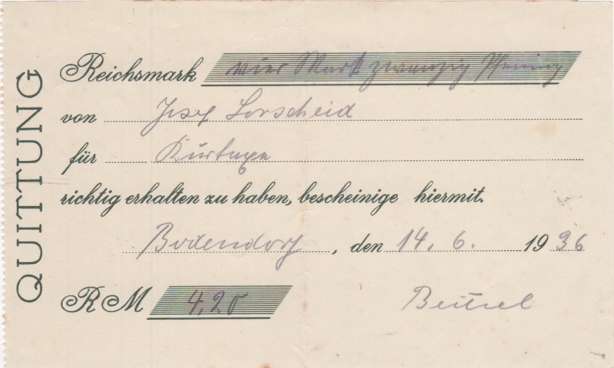 Quittung über die Einzahlung der Kurtaxen an die Gemeinde Juni 1936 (Heimatmuseum und -Archiv Bad Bodendorf CC BY-NC-SA)