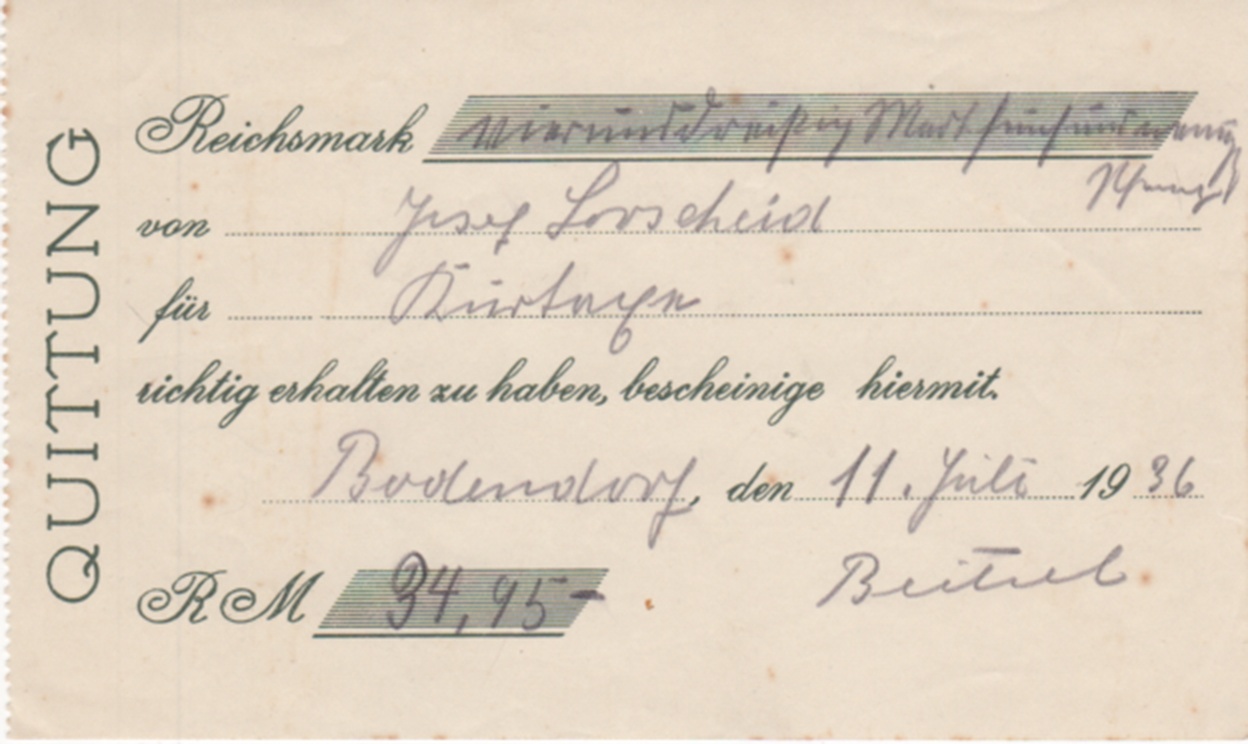 Quittung über die Einzahlung der Kurtaxen an die Gemeinde Juli 1936 (Heimatmuseum und -Archiv Bad Bodendorf CC BY-NC-SA)