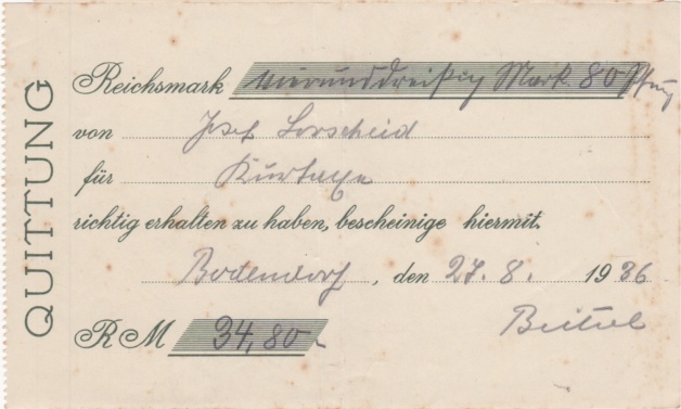 Quittung über die Einzahlung der Kurtaxen an die Gemeinde August 1936 (Heimatmuseum und -Archiv Bad Bodendorf CC BY-NC-SA)