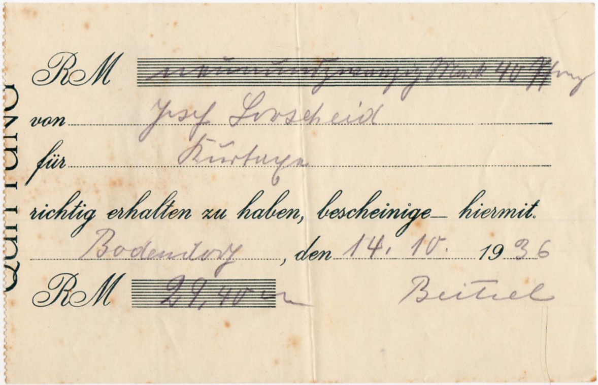 Quittung über die Einzahlung der Kurtaxen an die Gemeinde Oktober 1936 (Heimatmuseum und -Archiv Bad Bodendorf CC BY-NC-SA)