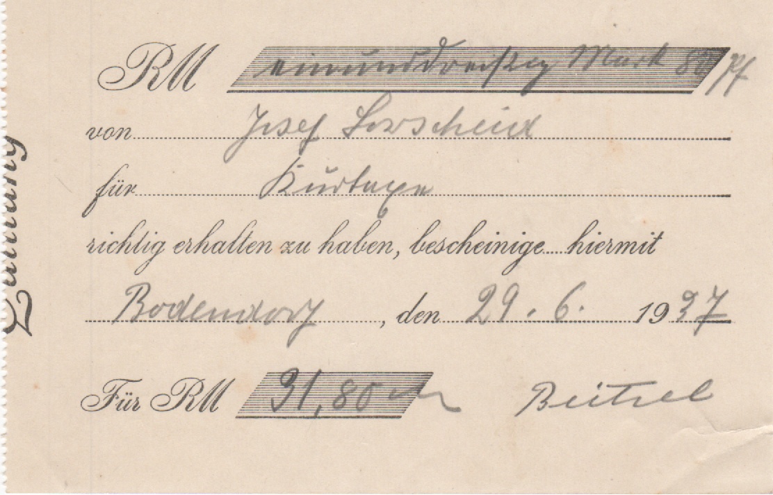 Quittung über die Einzahlung der Kurtaxen an die Gemeinde Juni 1937 (Heimatmuseum und -Archiv Bad Bodendorf CC BY-NC-SA)