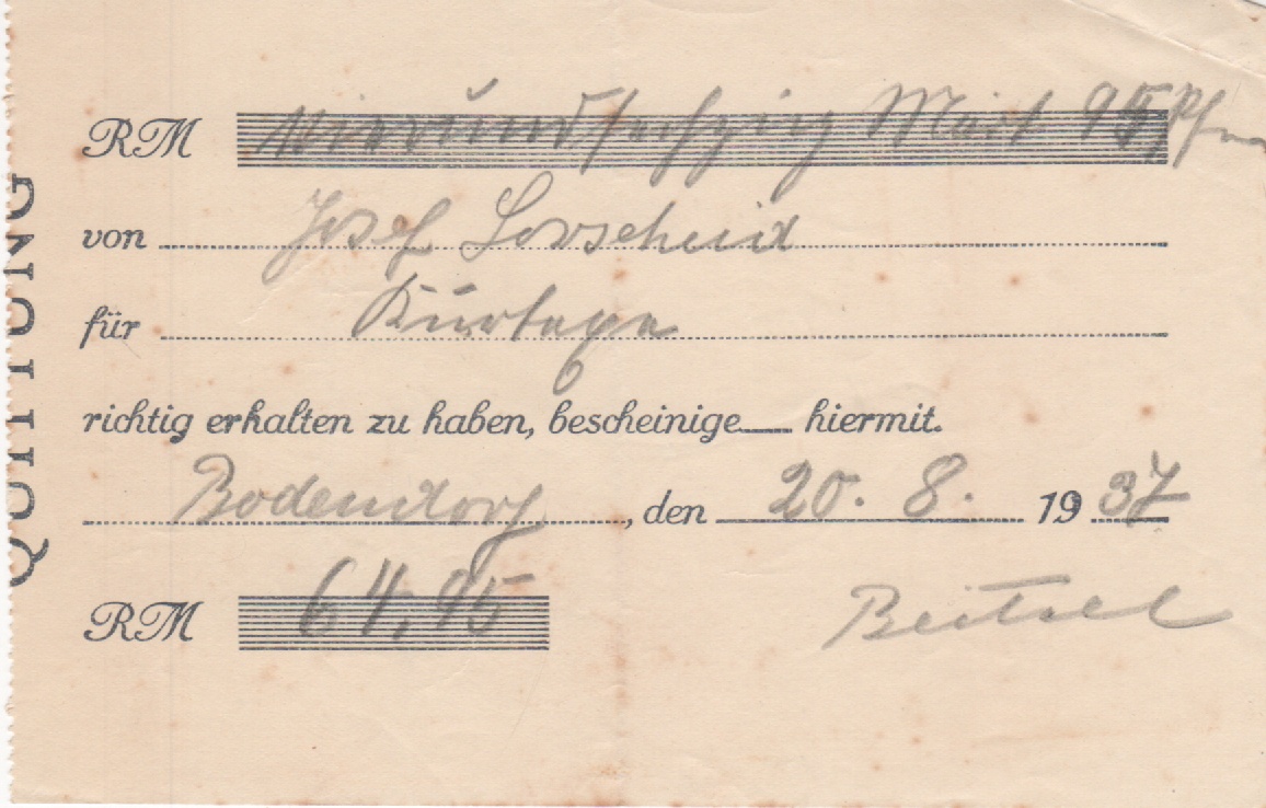 Quittung über die Einzahlung der Kurtaxen an die Gemeinde August 1937 (Heimatmuseum und -Archiv Bad Bodendorf CC BY-NC-SA)