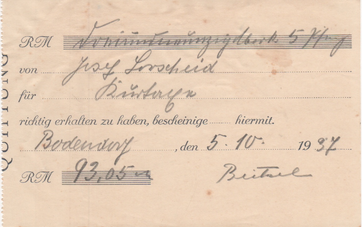 Quittung über die Einzahlung der Kurtaxen an die Gemeinde Oktober 1937 (Heimatmuseum und -Archiv Bad Bodendorf CC BY-NC-SA)