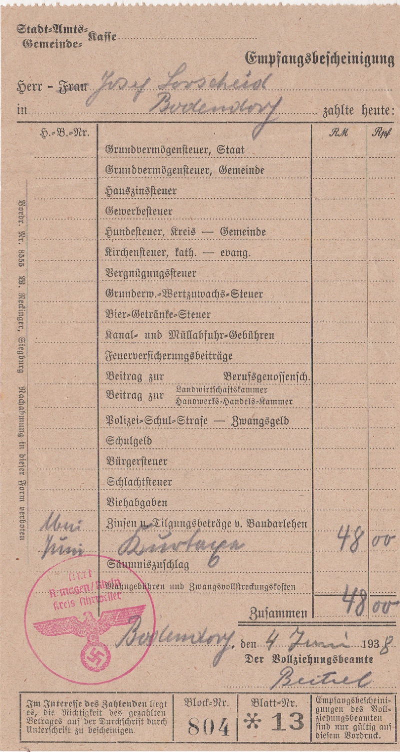 Empfangsbescheinigung über die Einzahlung der Kurtaxen an die Gemeinde Juni 1938 (Heimatmuseum und -Archiv Bad Bodendorf CC BY-NC-SA)