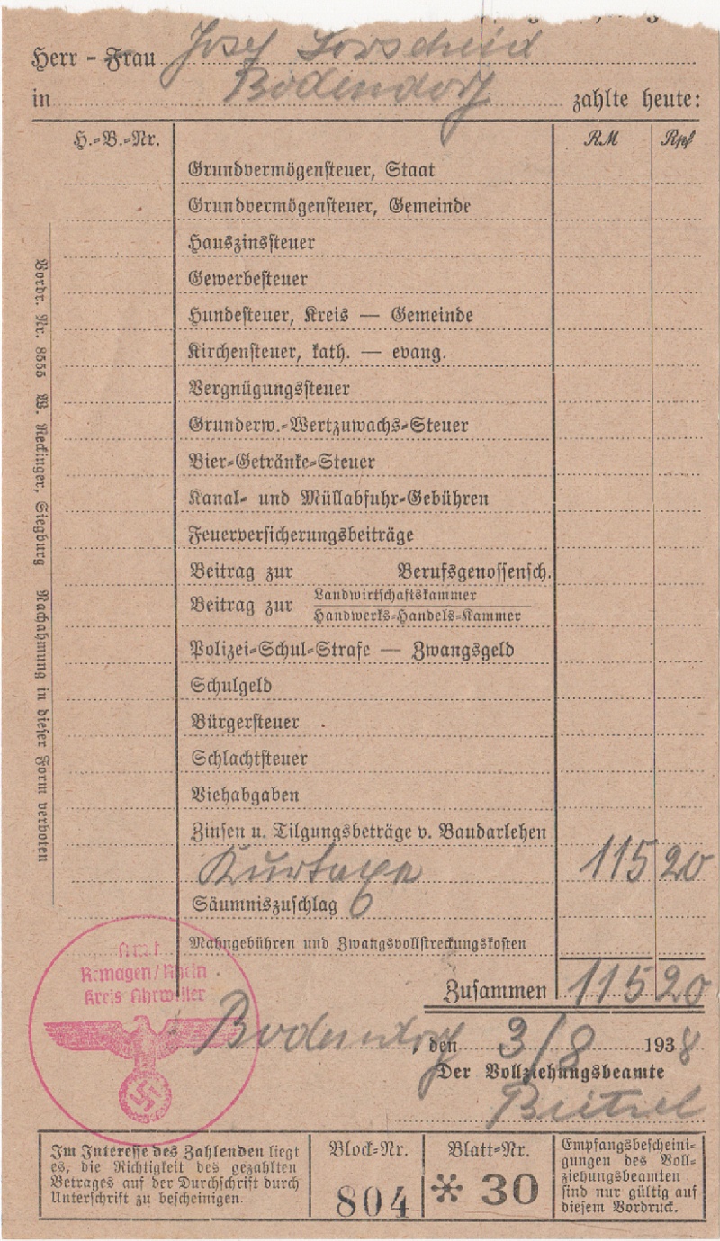 Empfangsbescheinigung über die Einzahlung der Kurtaxen an die Gemeinde August 1938 (Heimatmuseum und -Archiv Bad Bodendorf CC BY-NC-SA)