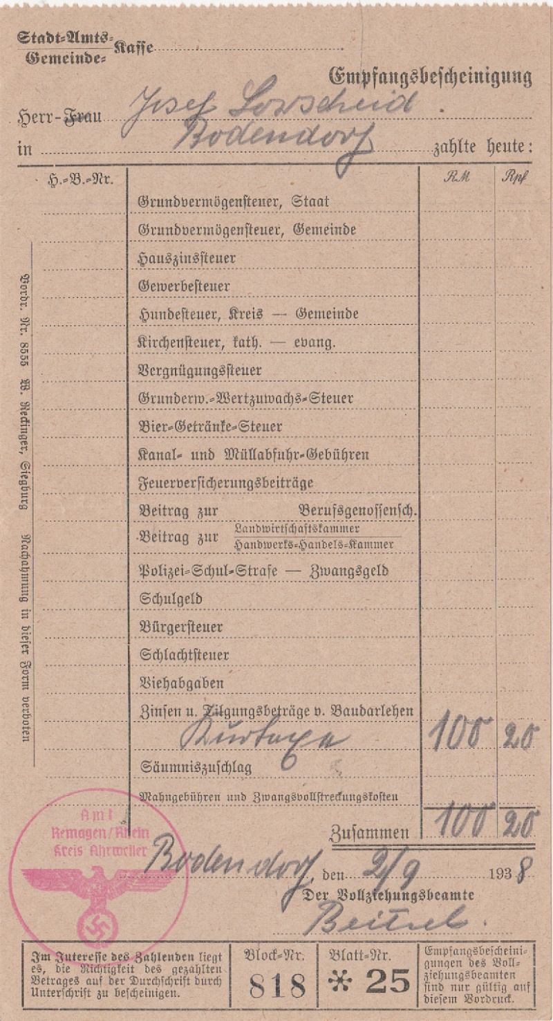 Empfangsbescheinigung über die Einzahlung der Kurtaxen an die Gemeinde September 1938 (Heimatmuseum und -Archiv Bad Bodendorf CC BY-NC-SA)