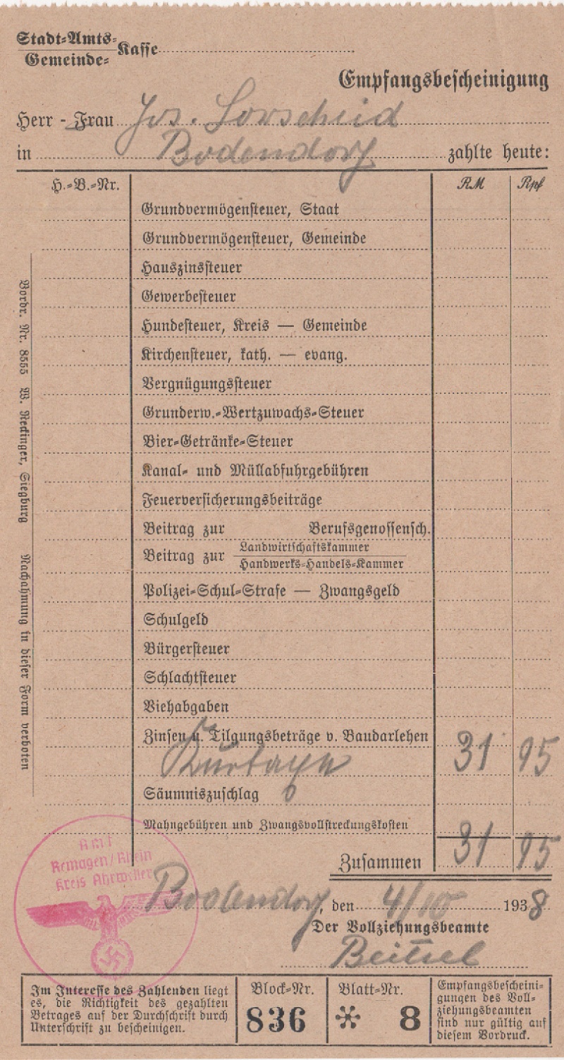 Empfangsbescheinigung über die Einzahlung der Kurtaxen an die Gemeinde Oktober 1938 (Heimatmuseum und -Archiv Bad Bodendorf CC BY-NC-SA)