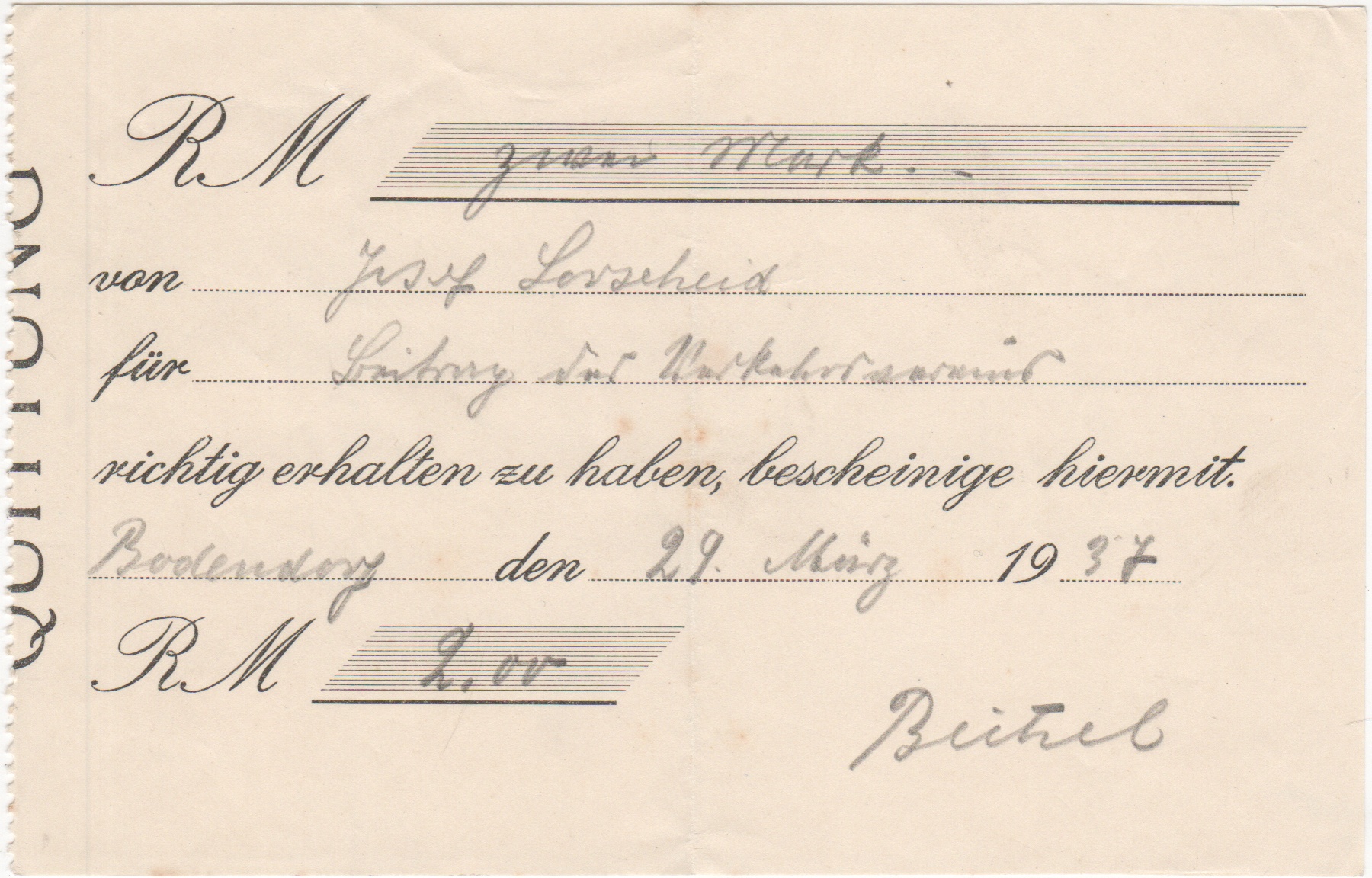 Quittung über die Einzahlung der Abgabe für Fremdenverkehrsseminar (Heimatmuseum und -Archiv Bad Bodendorf CC BY-NC-SA)