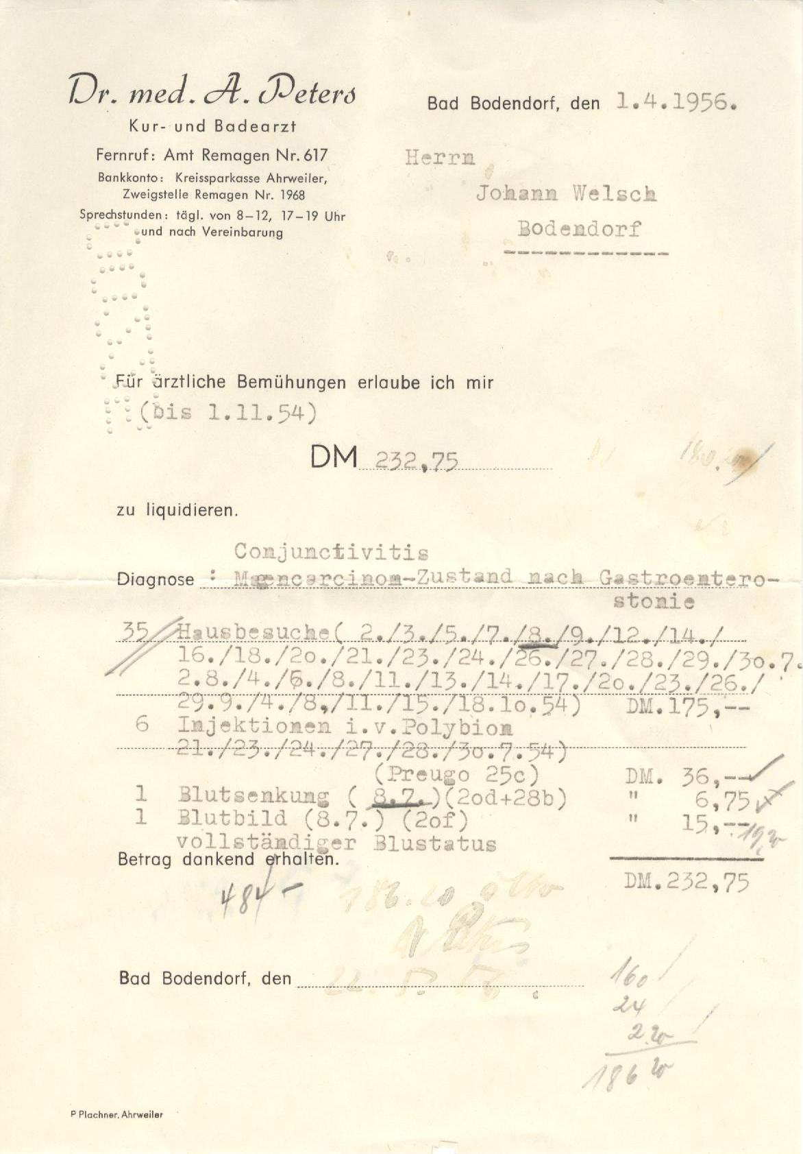 Rechnung für einen Privatpatienten für ärztliche Leistungen im Jahr 1955 (Heimatmuseum und -Archiv Bad Bodendorf CC BY-NC-SA)