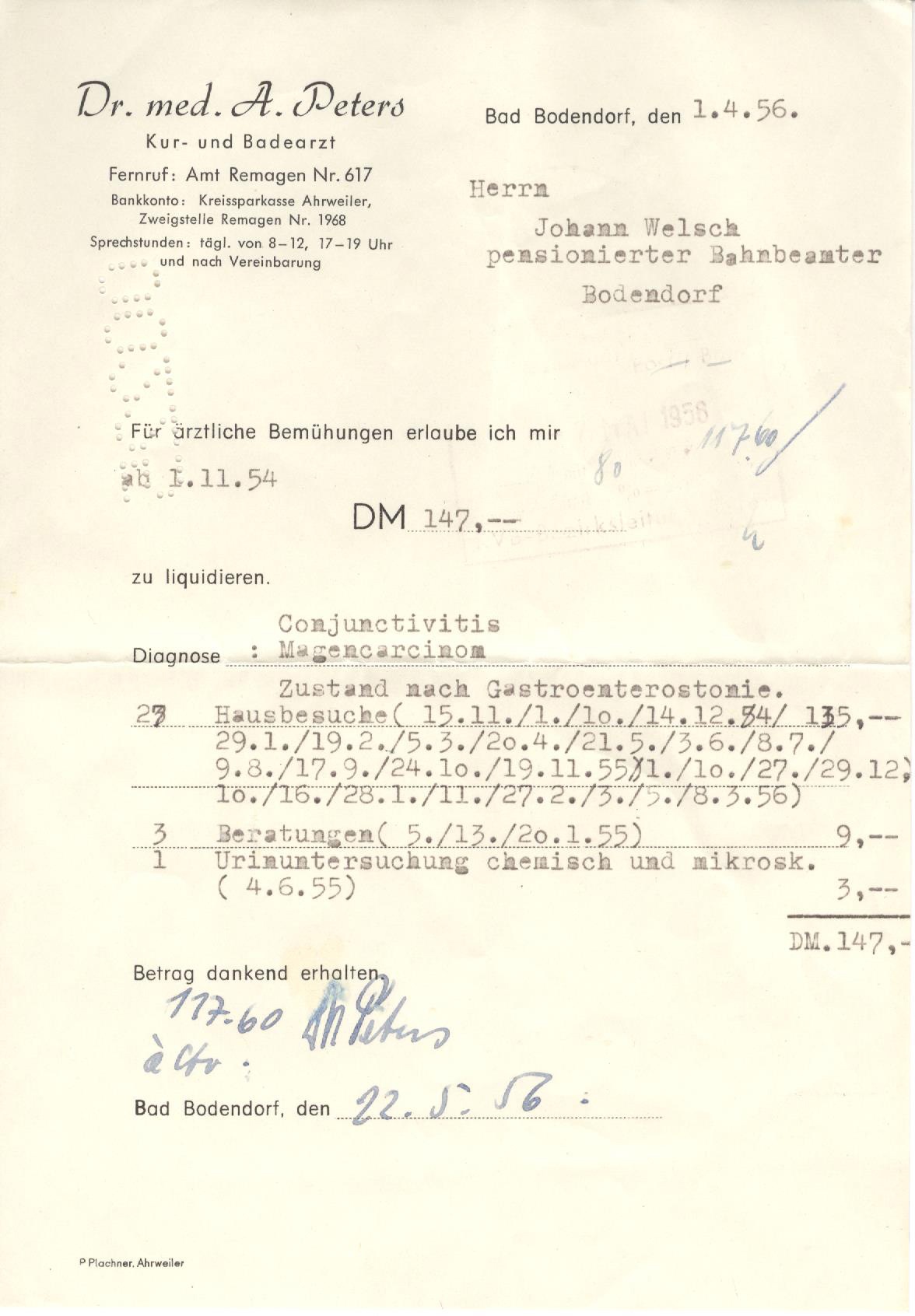 Rechnung für einen Privatpatienten für ärztliche Leistungen im Jahr 1956 (Heimatmuseum und -Archiv Bad Bodendorf CC BY-NC-SA)