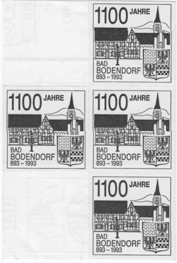 Bogen mit Briefaufkleber zur 1100 Jahrfeier Bad Bodendorf (Heimatmuseum und -Archiv Bad Bodendorf CC BY-NC-SA)