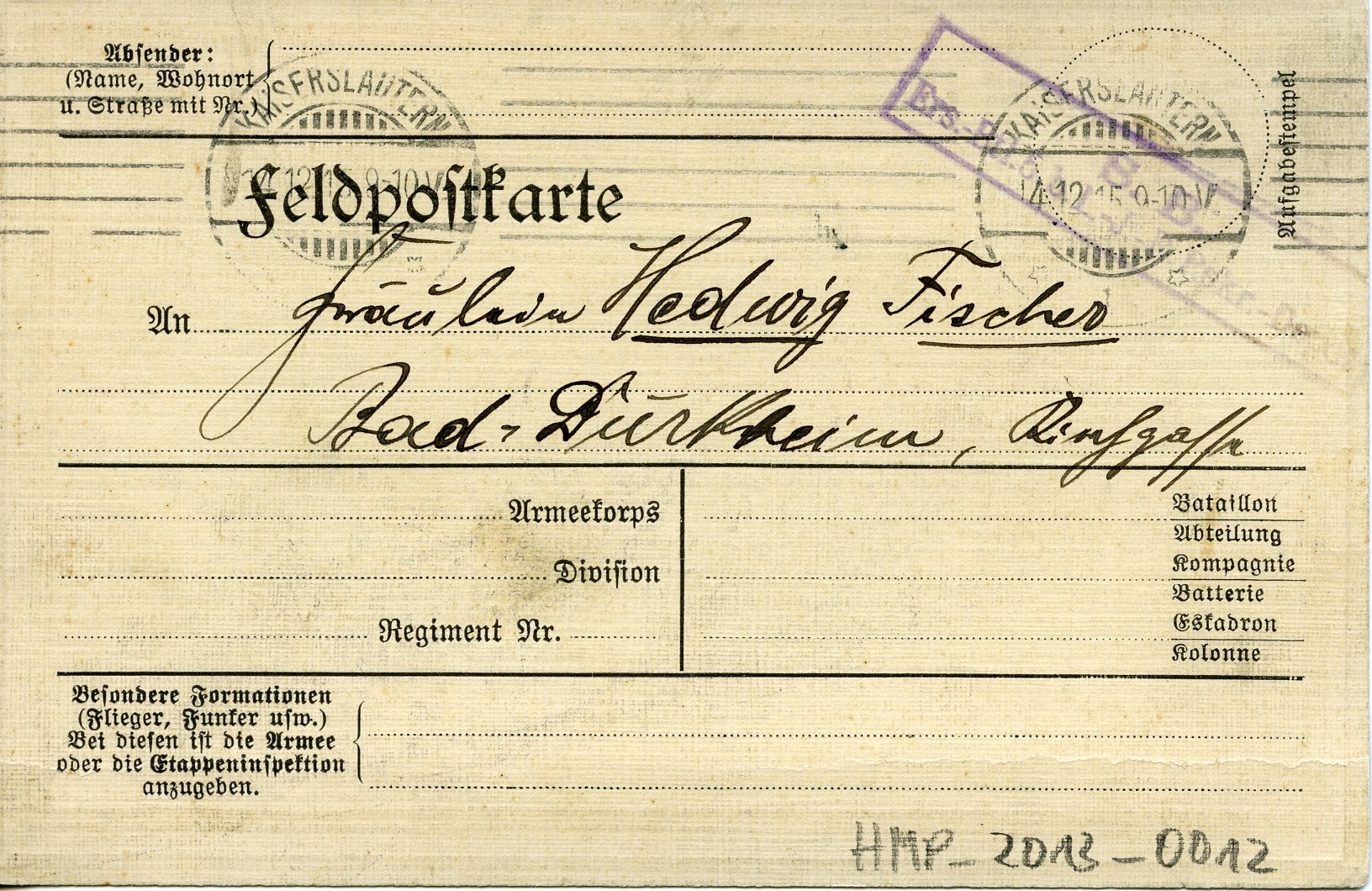 Feldpostkarte aus Kaiserslautern 1915 (Historisches Museum der Pfalz, Speyer CC BY)