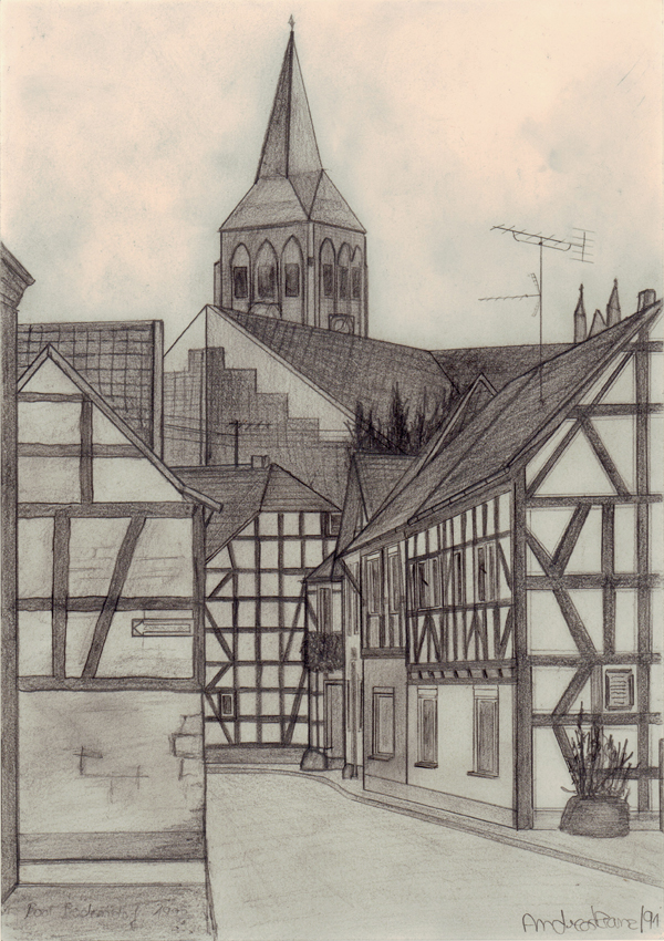Bleistiftzeichung Blick durch das obere Tor zur Kirche (Andreas Kranz CC BY-NC-SA)