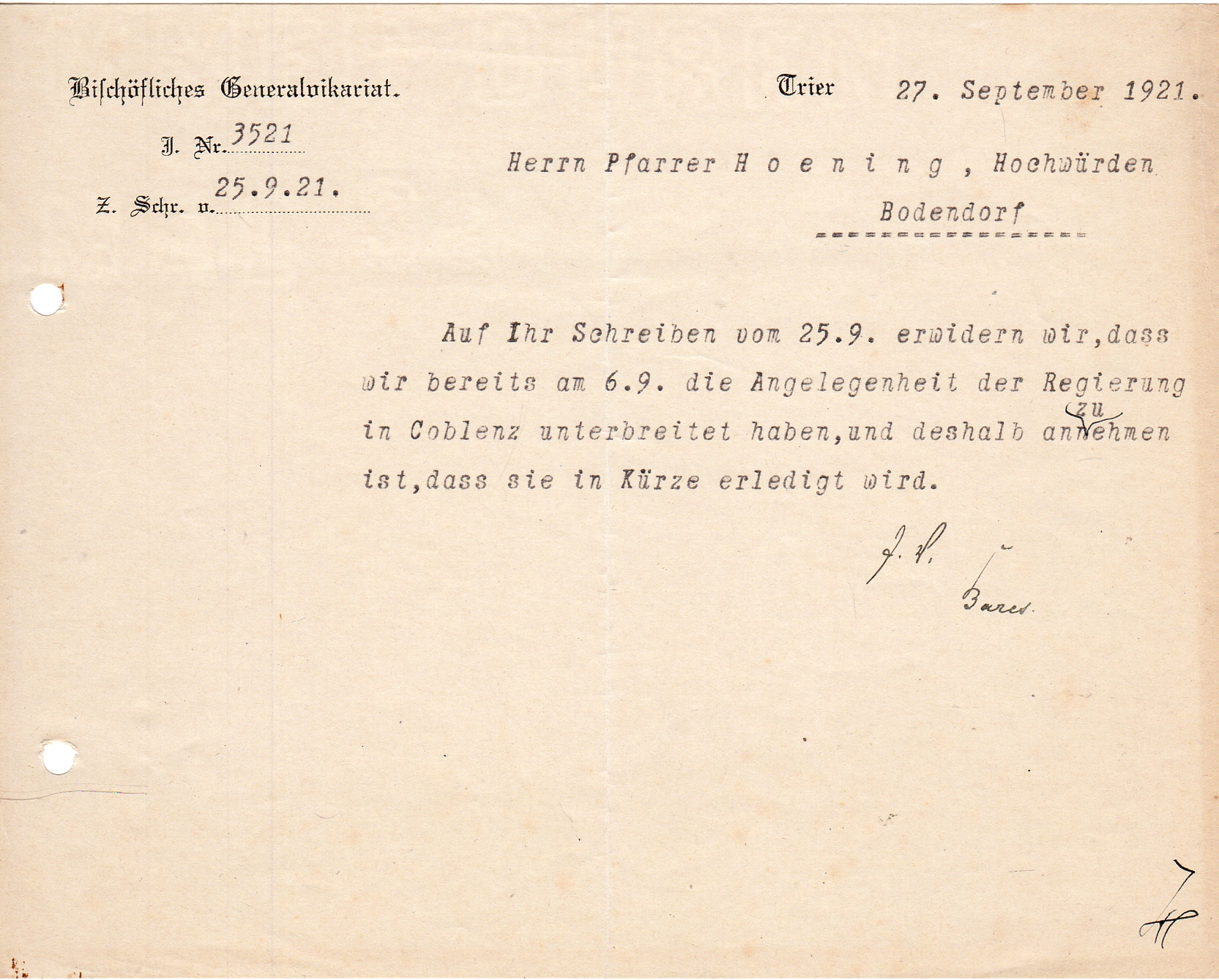 Schreiben Bischöfliches Generalvikariat Trier an Pfarrer Hoenig (Heimatmuseum und -Archiv Bad Bodendorf CC BY-NC-SA)